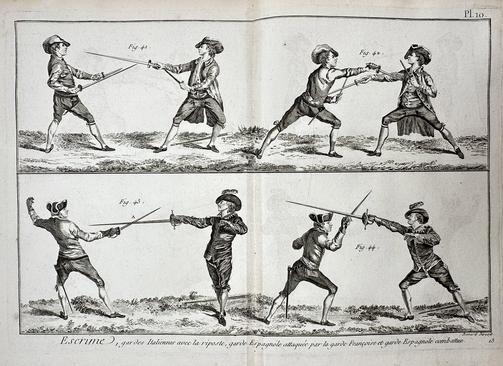 Robert Bénard (1734–1777) – View of Fencing Guards and Positions – Copper engraving: "Escrime, gardes Italiennes avec la riposte, garde Espagnole attaquée par la garde Françoise et garde Espagnole combattue" This technical print depicts various fencing stances and maneuvers, illustr