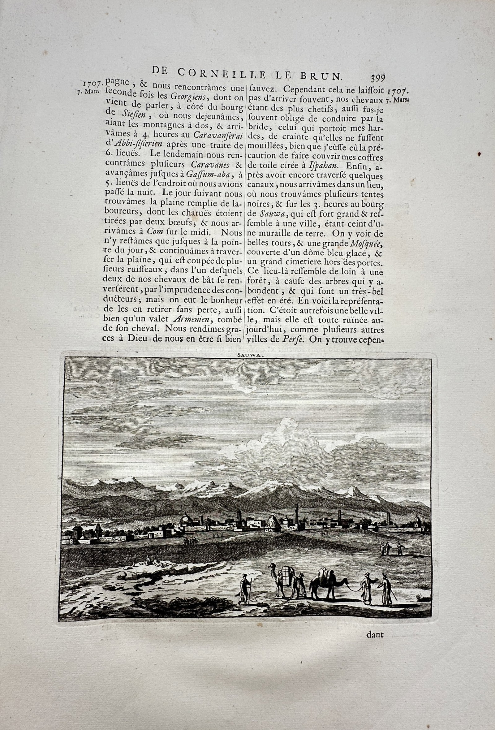 Cornelis de Bruijn (1652–1727) – View of the Persian City of Saveh – Copper engraving (1718): "Sawa" This topographical print depicts the skyline of the city of Saveh in Persia, situated beneath a mountain range with a camel caravan and travelers moving across the foreground plain. The work is