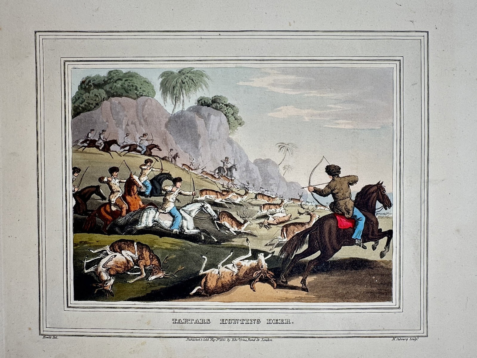 Samuel Howitt (1756–1822) – View of Tartars Hunting Deer – Hand-coloured etching (1811): "Tartars Hunting Deer" This sporting print depicts a group of hunters on horseback pursuing a large herd of deer across a rugged landscape, with figures in the foreground using bows and arrows to fell