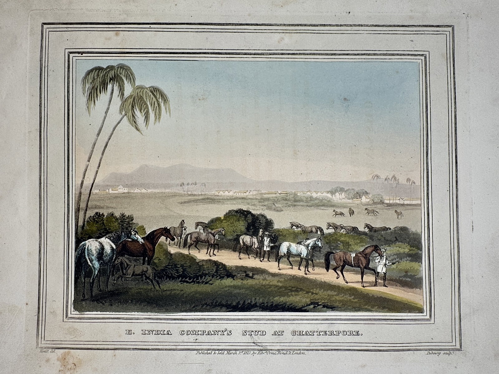 Samuel Howitt (1756–1822) – View of the East India Company's Stud at Chatterpore: "E. India Company's Stud at Chatterpore" This sporting print depicts a variety of horses at a breeding farm in India, showing several animals being led along a path by handlers while others graze in t