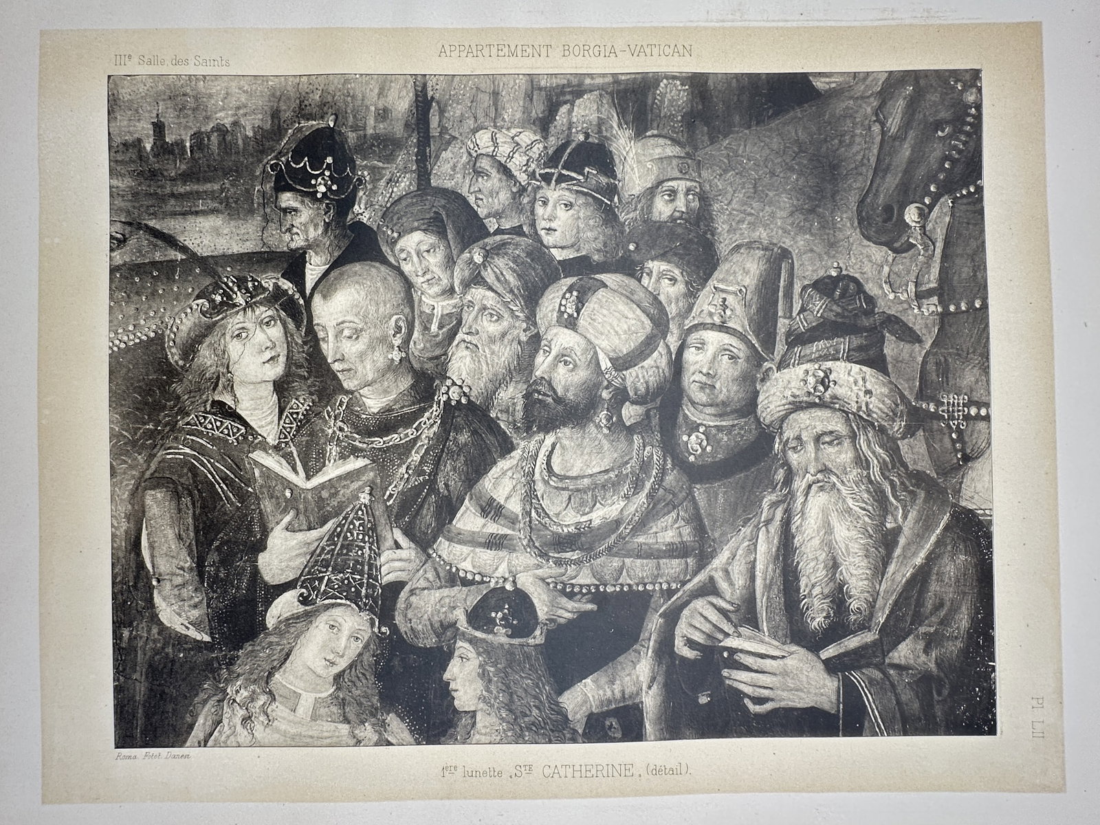 Pinturicchio, after – View of the Disputation of Saint Catherine (Group Detail) – Photogravure: "Ste Catherine (detail)" This work is a photogravure depicting a crowd of scholars and philosophers from the fresco The Disputation of Saint Catherine, located in the Hall of the Saints within the Bor