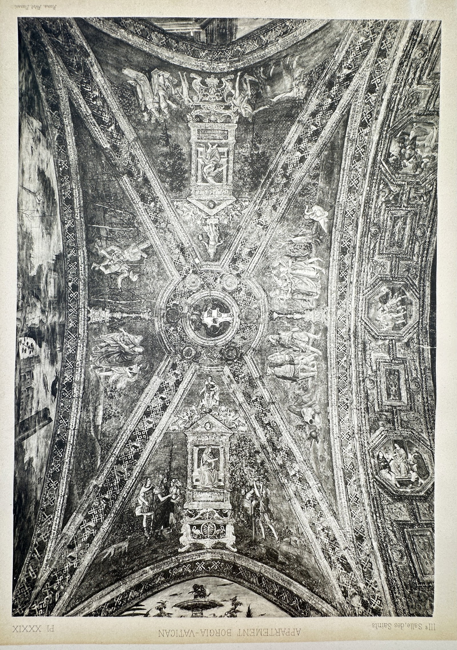 Pinturicchio, after – View of the Vaulted Ceiling of the Hall of the Saints – Photogravure (20th: "Voûte (deuxième travée)" This work is a photogravure depicting the intricate vaulted ceiling of the second bay in the Hall of the Saints within the Borgia Apartments of the Vatican. It is a plate 