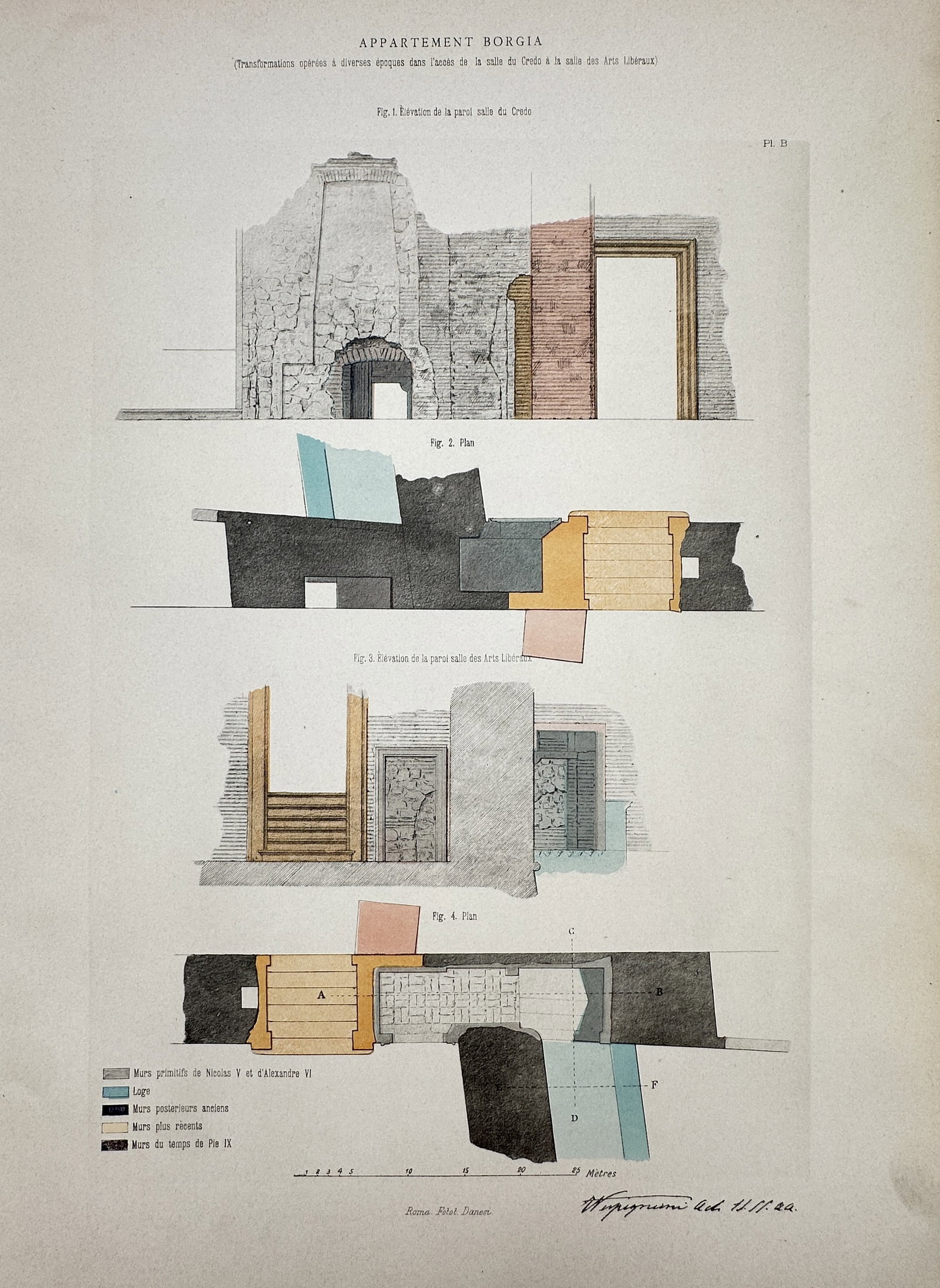 Hector d'Espouy,after – Architectural Sections of the Borgia Apartment – Heliogravure (20th: "Appartement Borgia" This work presents technical architectural sections and details of the vaulted ceilings and structural transitions within the Borgia Apartments of the Vatican. It is a plate from 