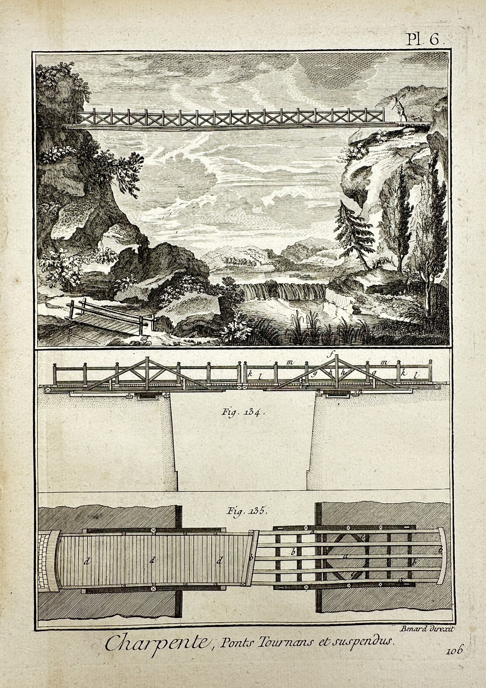 Robert Benard (1734-1777) – View of Swing and Suspension Bridges – Copper engraving (1771) (1 of 2)