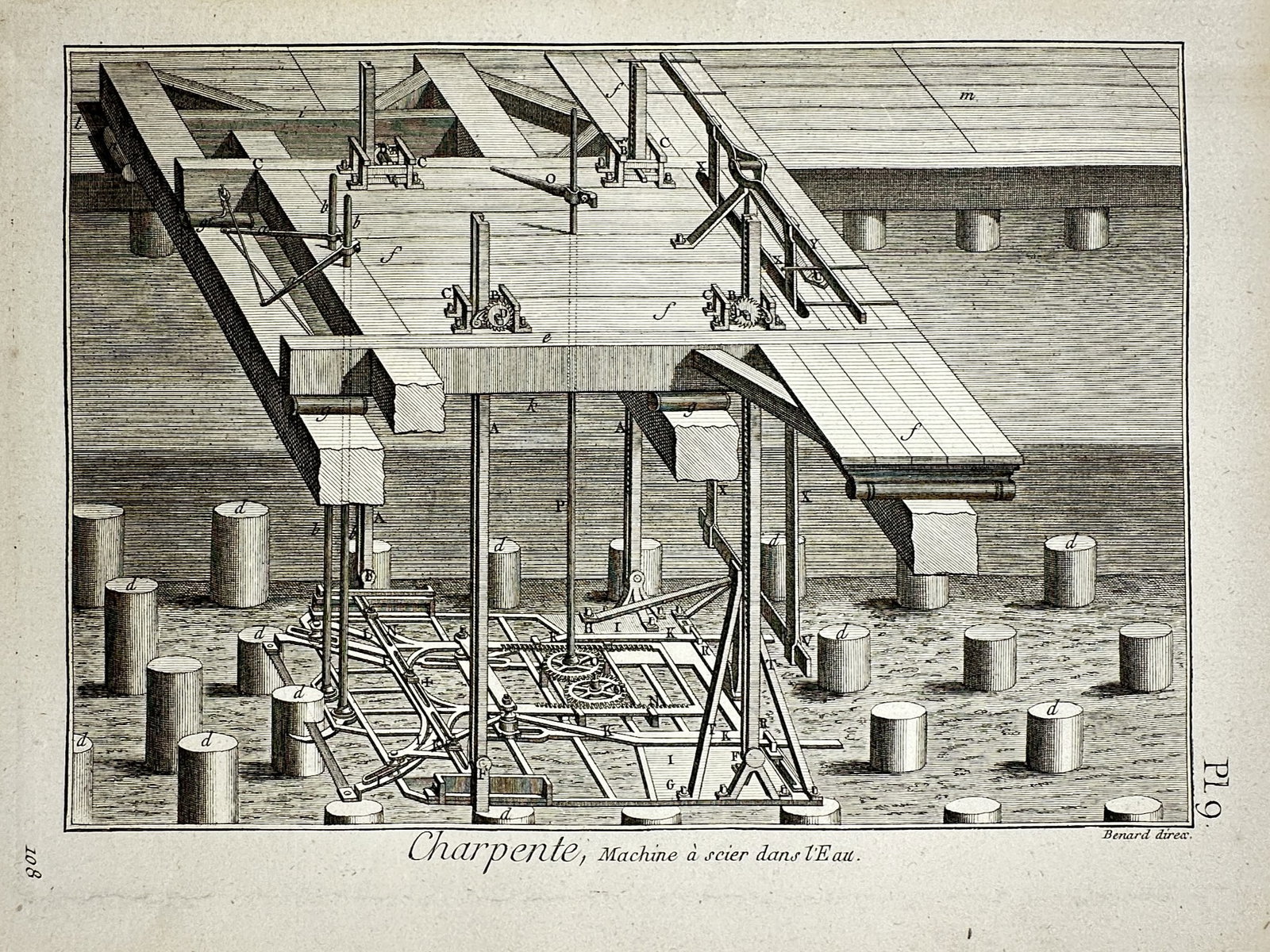 Robert Benard (1734-1777) – View of an Underwater Sawing Machine – Copper engraving (1771): "Charpente, Machine à scier dans l'Eau" This work illustrates an ingenious mechanical device designed for sawing wooden piles beneath the water's surface, a critical task in 18th-century hydraulic en