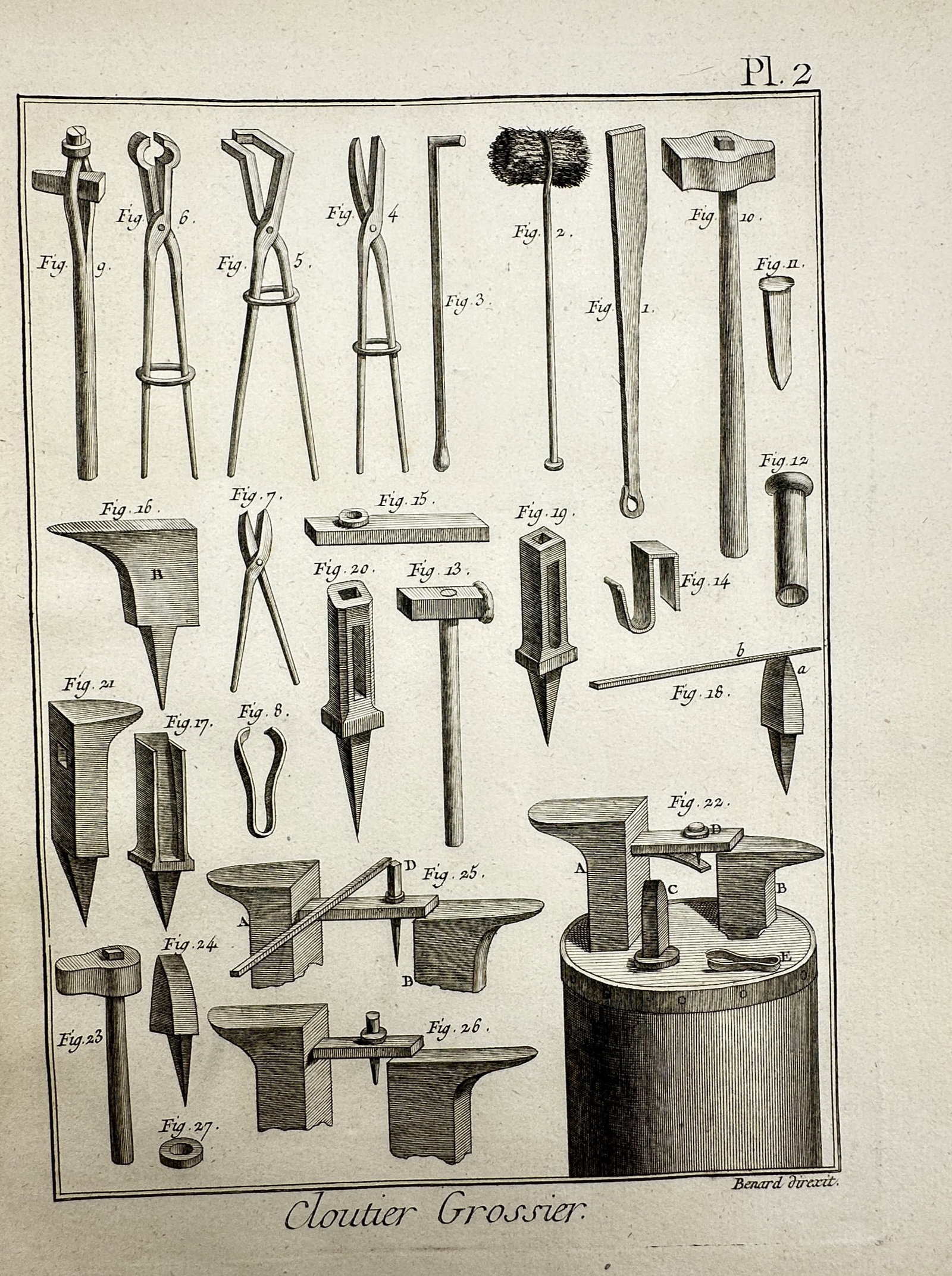 Robert Benard (1734-1777) – View of Nailmaking Tools – Copper engraving (1771): "Cloutier Grossier" This work illustrates the various tools utilized by a heavy nailmaker, including anvils, hammers, bellows, and specialized tongs. It is a plate from the Recueil de Planches, sur le