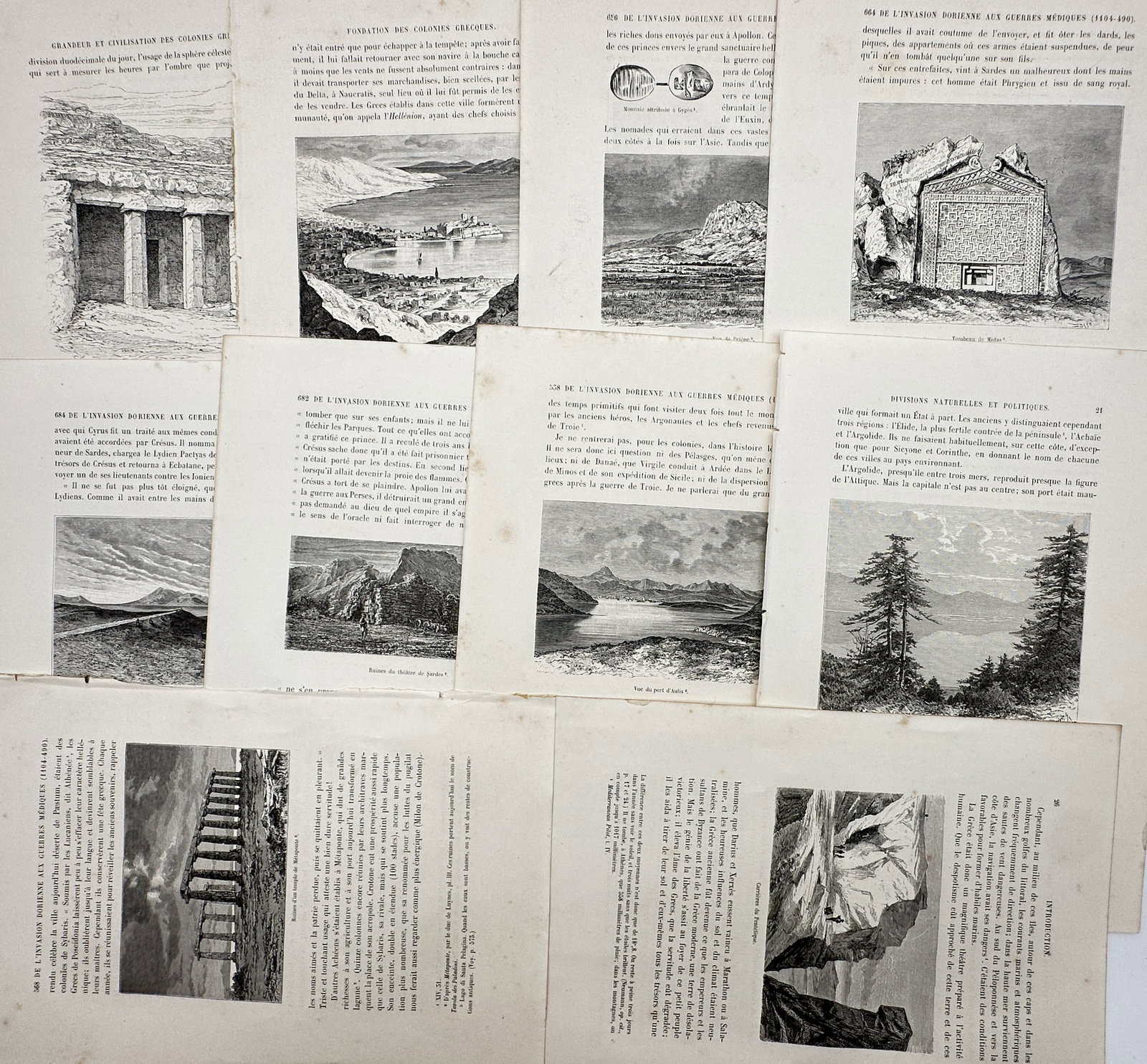 Victor Duruy (1811-1894) – Set of 10: Views of Ancient Roman and Greek History – Engraving: This set of 10 engravings illustrates various subjects from classical antiquity, including landscape views of historical sites, architectural ruins, and ancient tombs. The works are extracted from the
