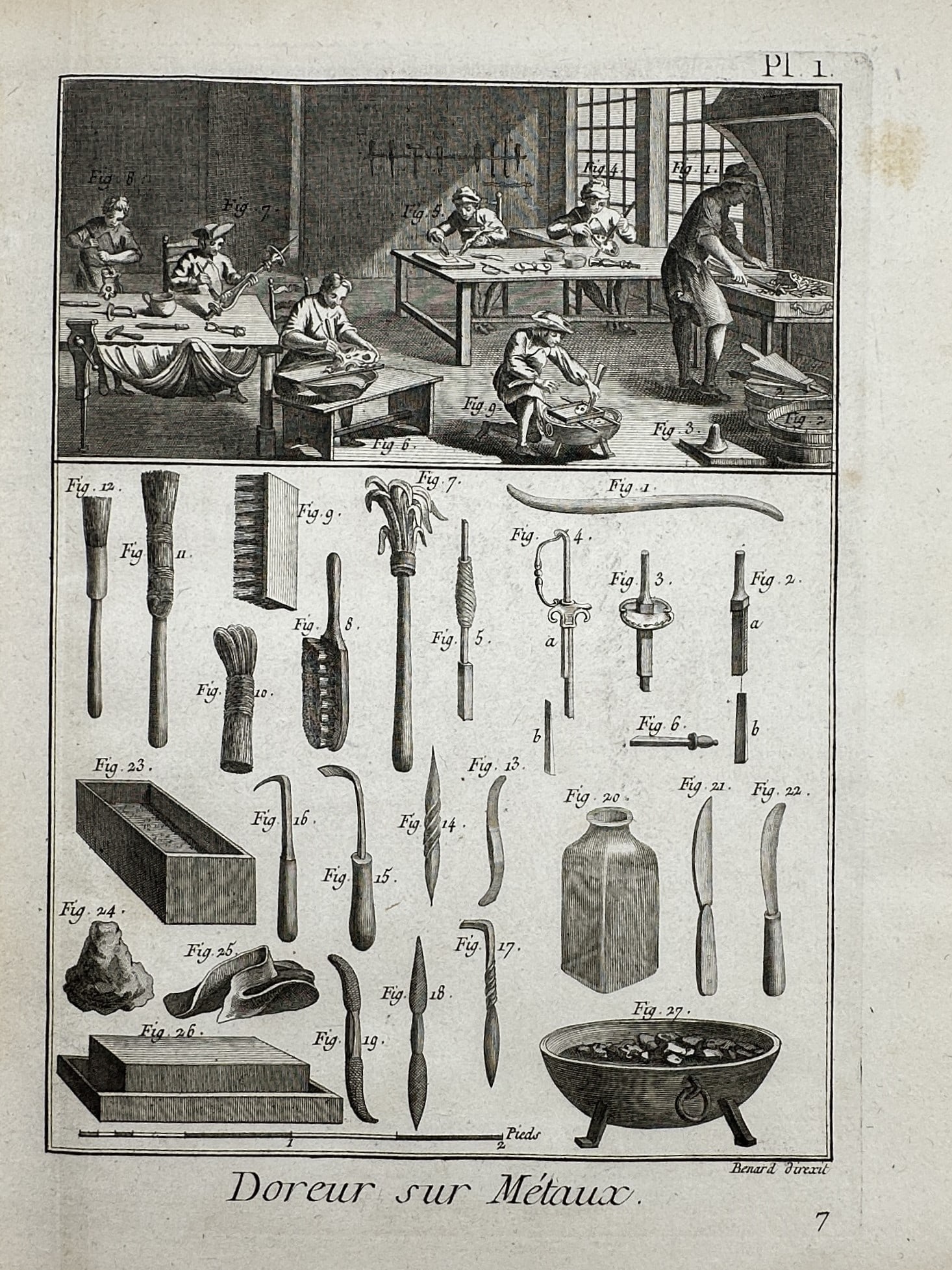 Robert Benard – Technical Studies of Metal Gilding and Craftsmanship – Copper engraving: Doreur sur Metaux This copper engraving illustrates the industrial environment and specialized tools of the metal gilder, featuring a top scene of several craftsmen engaged in various stages of the gi