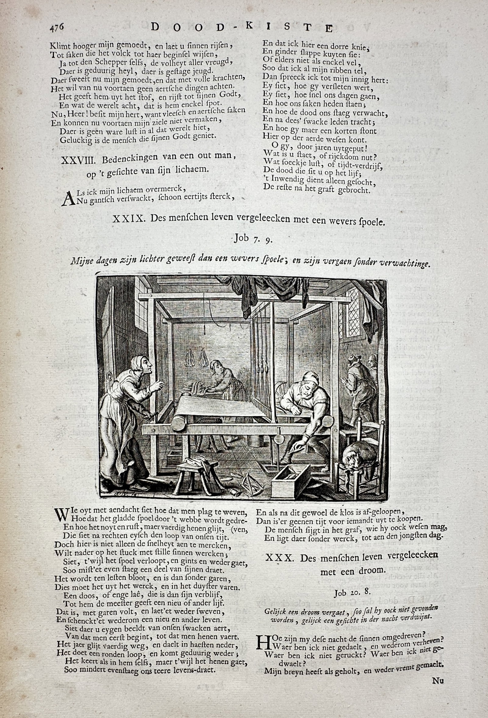 Jacob Cats (1577-1660) – Life Compared to a Weaver's Shuttle – Etching (1658): "Des menschen leven vergeleecken met een wevers spoele" is an etching depicting a busy weaving workshop with artisans operating a large loom, serving as a metaphor for the rapid passage of human life.
