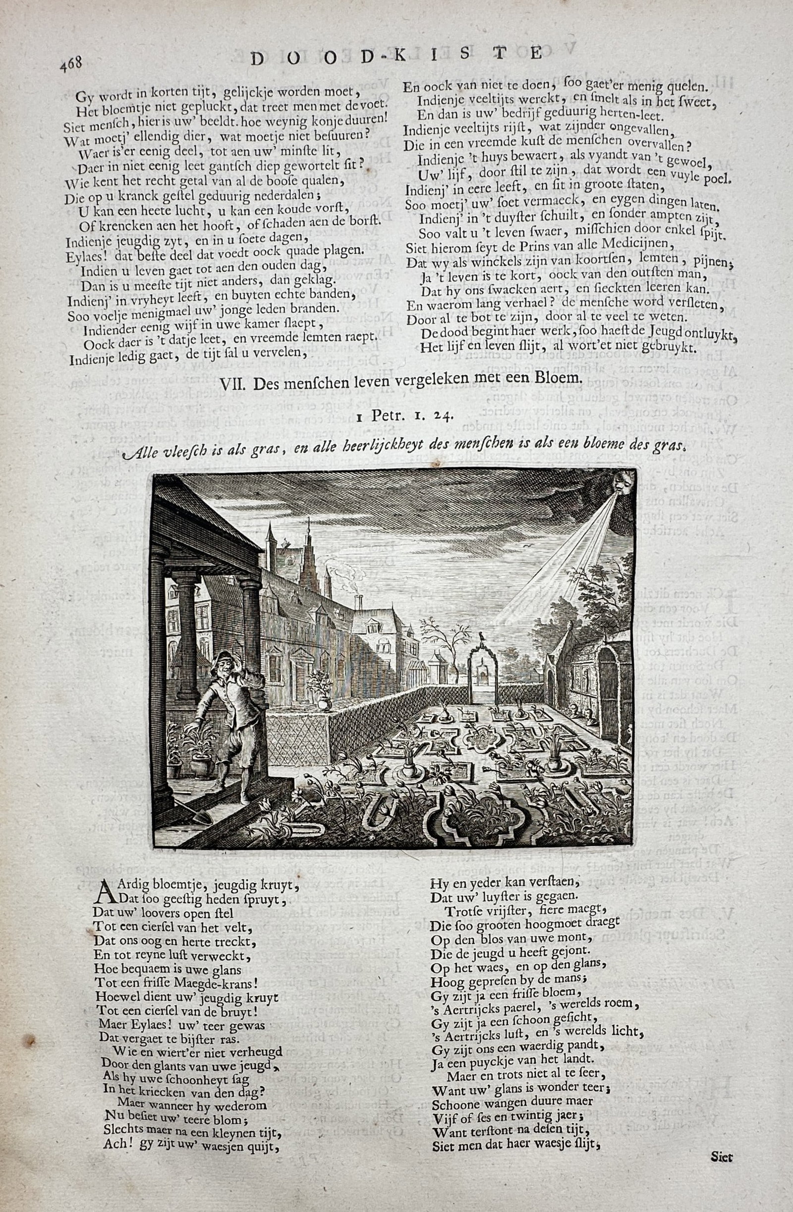 Jacob Cats (1577-1660) – Life Compared to a Flower – Etching (1658): "Des menschen leven vergeleecken met een Bloem" is an etching featuring a formal garden with a figure standing at a gateway, symbolizing the beauty and eventual decay of human existence through the me