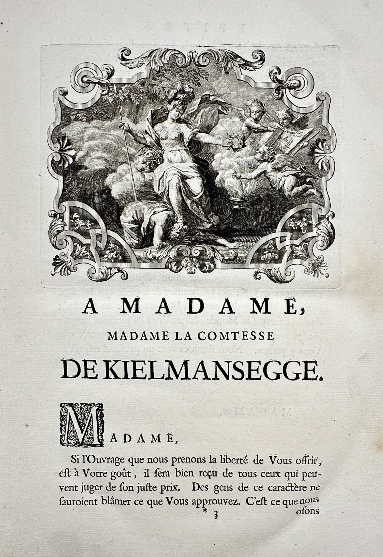 Antoine-Joseph Dezallier d'Argenville – Dedication to the Countess of Kielmansegge: "A Madame, Madame la Comtesse de Kielmansegge" is the dedication page from the 18th-century French scientific masterwork titled "L'Histoire naturelle éclaircie dans une de ses parties principales..."