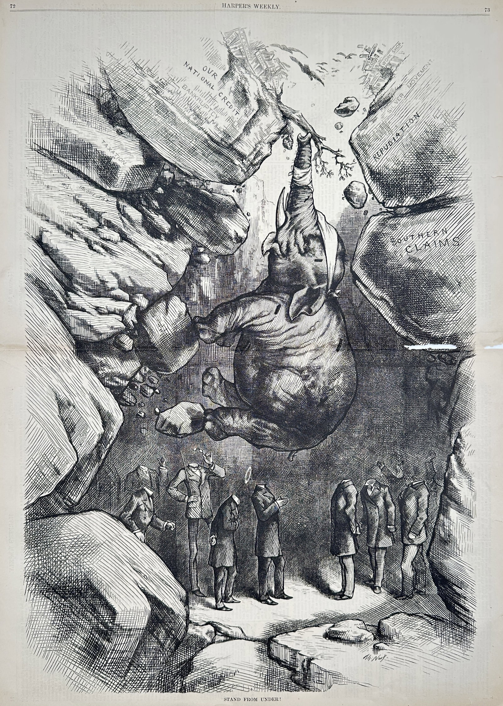 Harper's Weekly (1857-1916) – Stand from Under! – Wood engraving (1875): "Stand from Under!" This political cartoon by Thomas Nast depicts the Republican elephant precariously balanced among crumbling rocks labeled with various economic and political crises of the era, suc