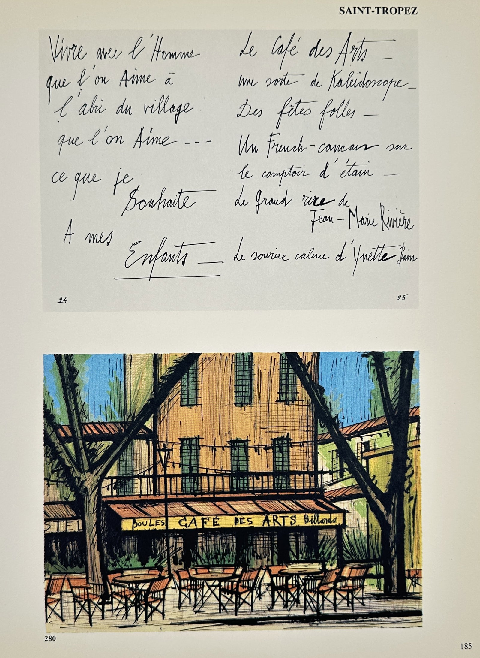 Bernard Buffet (1928-1999), after – Saint-Tropez – Offset print (20th Century): "Saint-Tropez" depicts the famous Café des Arts with an accompanying block of handwritten-style French text. This offset print is a reproduction of a work by the prominent French Expressionist painte