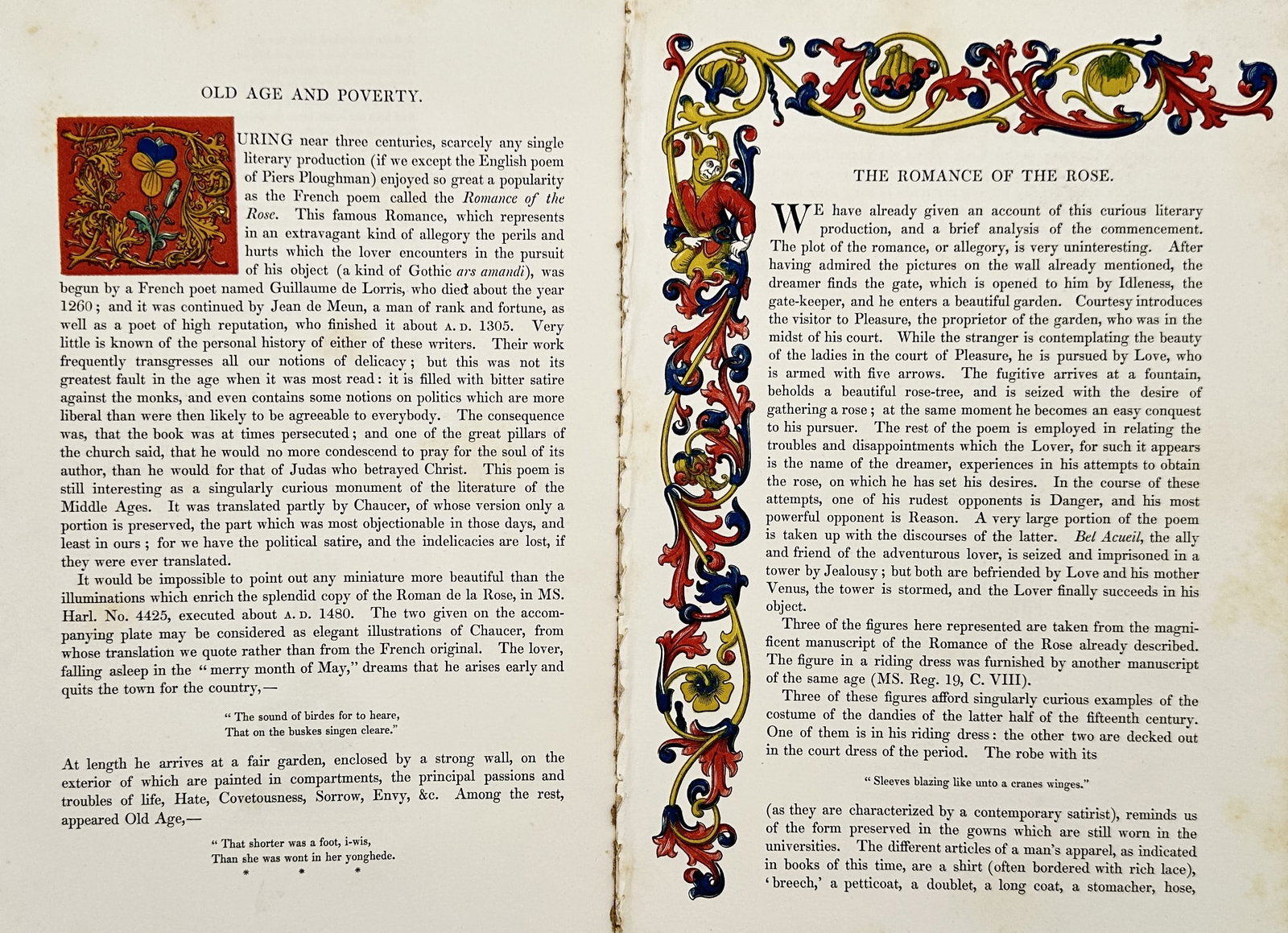 Henry Shaw – Set of 2: Old Age and Poverty and The Romance of the Rose – Hand-coloured: "Old Age and Poverty" and "The Romance of the Rose" are decorative text pages featuring elaborate hand-coloured illuminated borders and initials in the medieval style. These plates were published in D