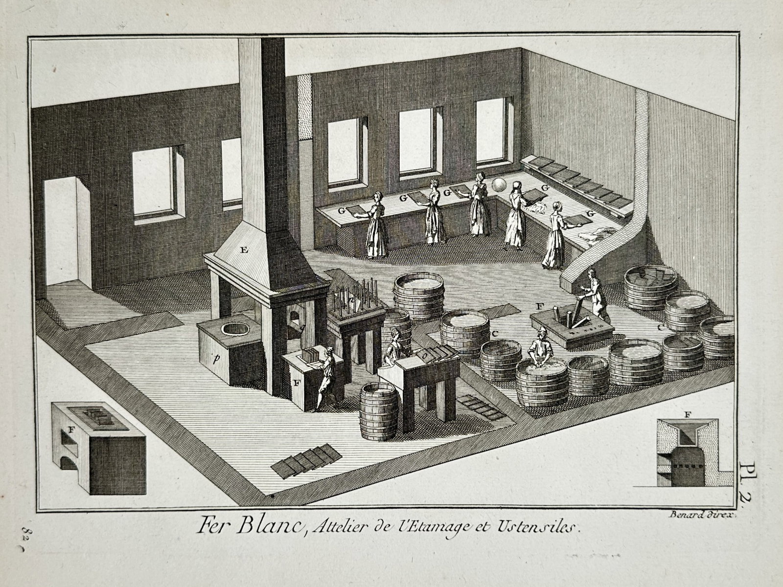 Robert Bénard (1734-1777) – Tin-Plating Workshop and Tools – Copper engraving (1751-1772): "Fer Blanc, Attelier de l'Etamage et Ustensiles" provides a detailed perspective of a large industrial interior where workers are performing the various stages of tin-plating iron sheets, including th