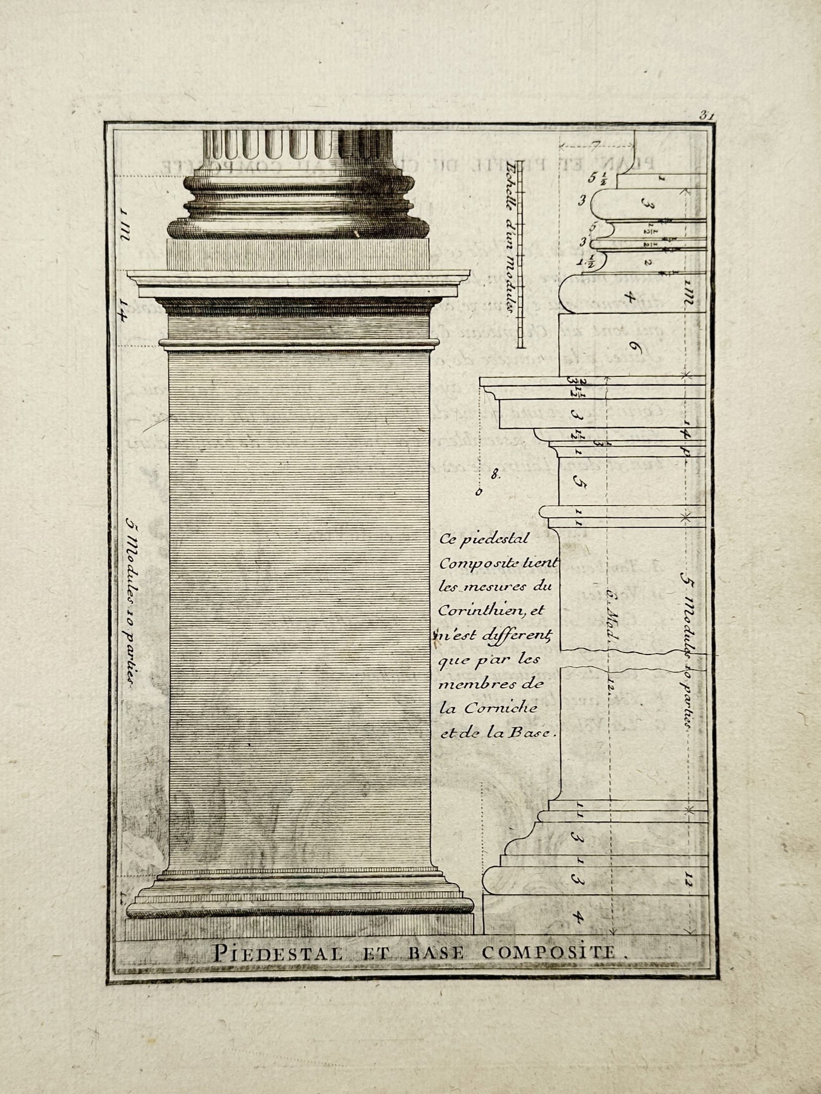 Pierre-Edme Babel (1720-1775) – Piedestal et Base Composite – Copper engraving (1750-1770): "Piedestal et Base Composite" presents a precise architectural study of the composite order, illustrating the pedestal and base of a column with detailed sectional measurements. This copper engraving 
