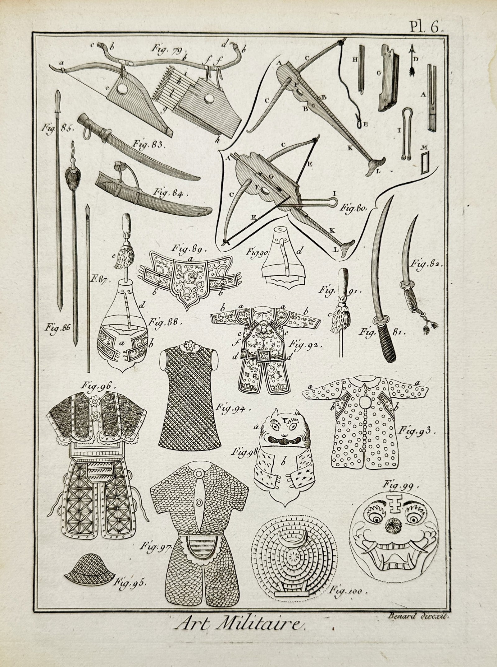 Robert Bénard (1734-1777) – Asian Military Arms and Armour – Copper engraving (1751-1772): "Art Militaire" illustrates a diverse array of historical Asian weaponry and defensive gear, including composite bows, crossbows, scimitars, and various forms of brigandine and mail armour. The plate 