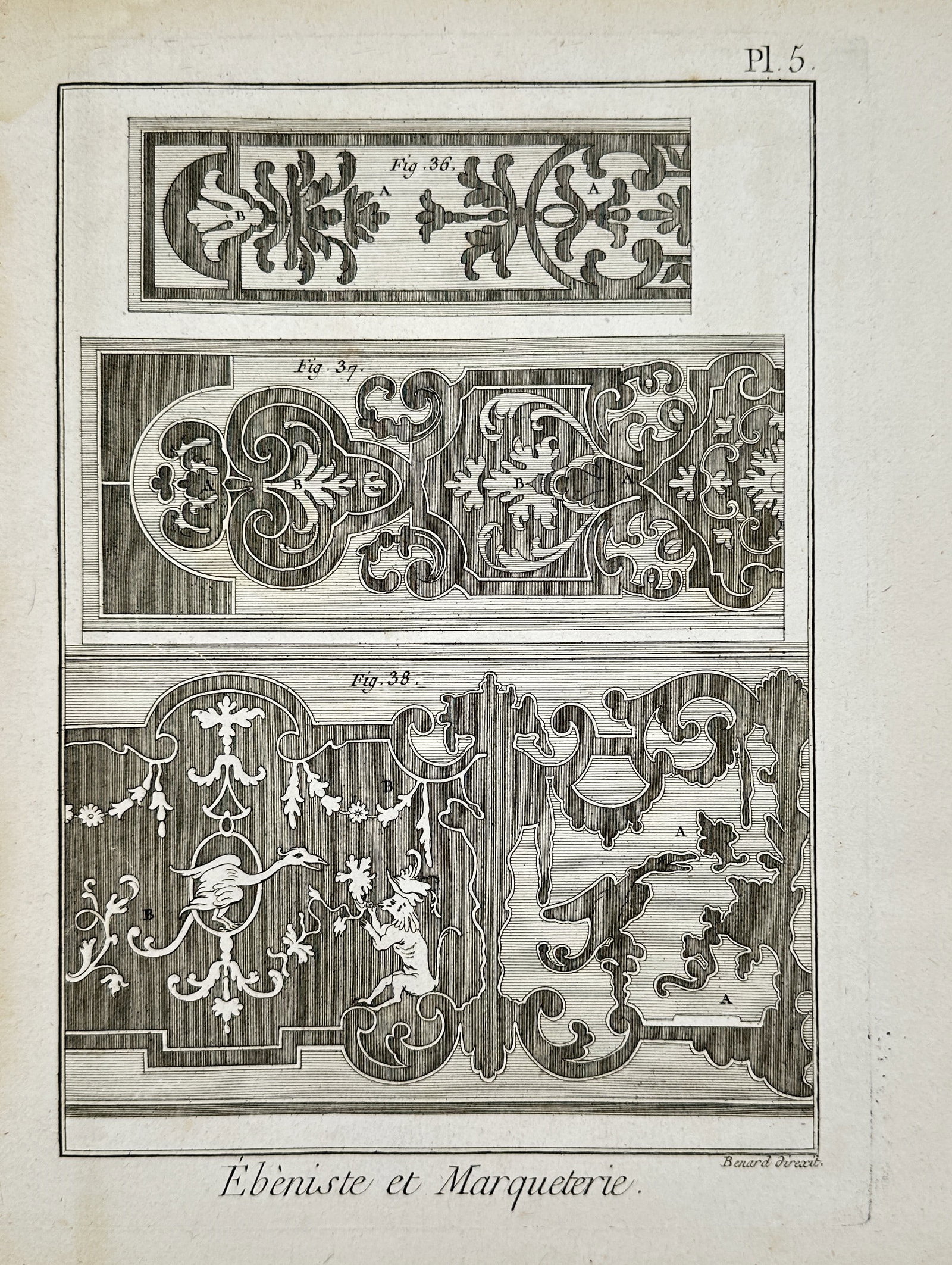 Robert Bénard (1734–1777) – Ornamental Designs for Cabinetry and Marquetry – Copper engraving: "Ébéniste et Marqueterie" showcases three elaborate frieze designs for fine furniture, featuring intricate scrollwork, acanthus leaves, and whimsical figured details, including a bird and a monkey i