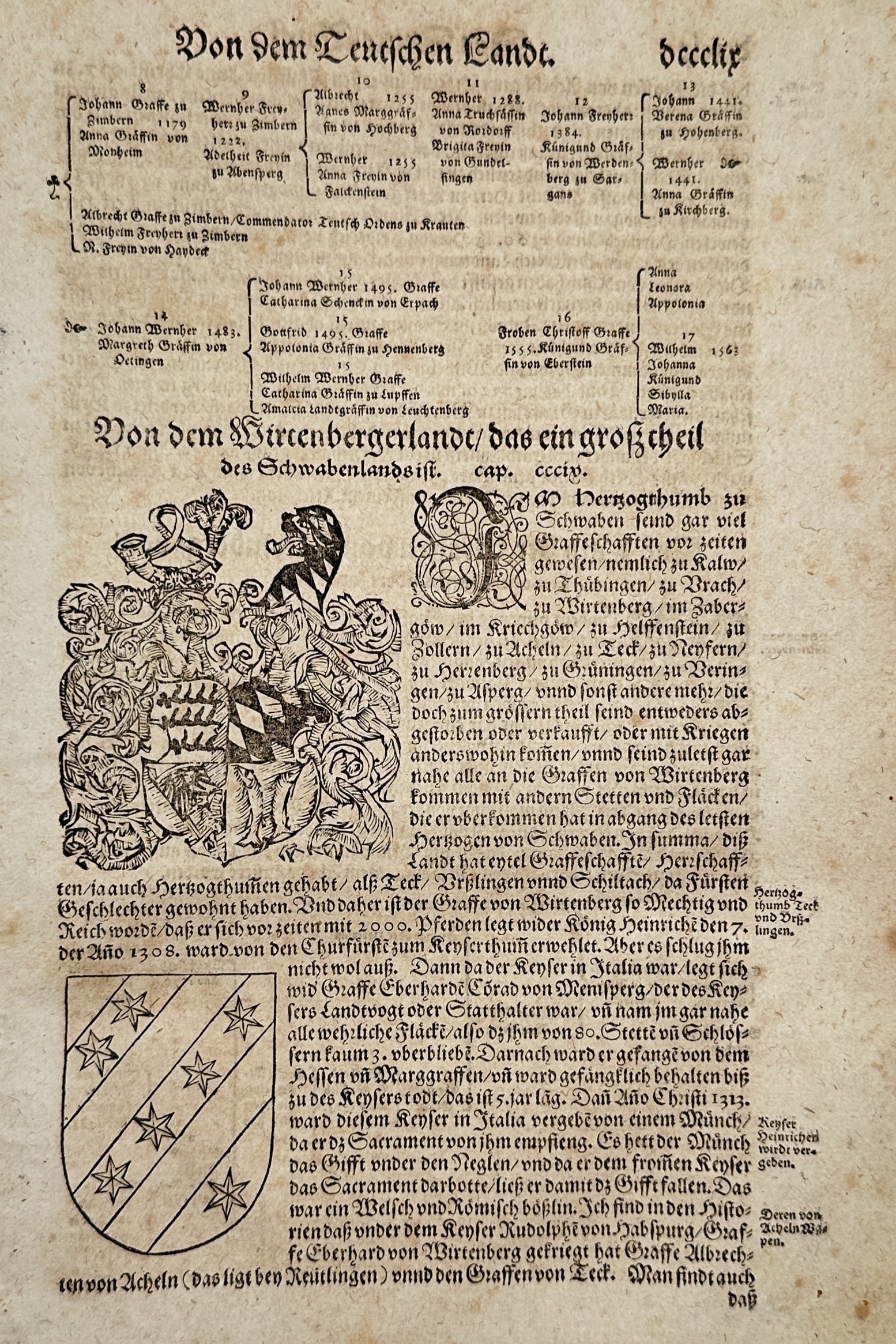 Sebastian Münster (1488–1552) – Genealogical and Heraldic Study of Württemberg – Woodcut: "Von dem Wirtenbergerlandt/ das ein groß theil des Schwabenlandt ist." illustrates the history and noble lineage of the House of Württemberg, featuring prominent armorial bearings and a genealogical