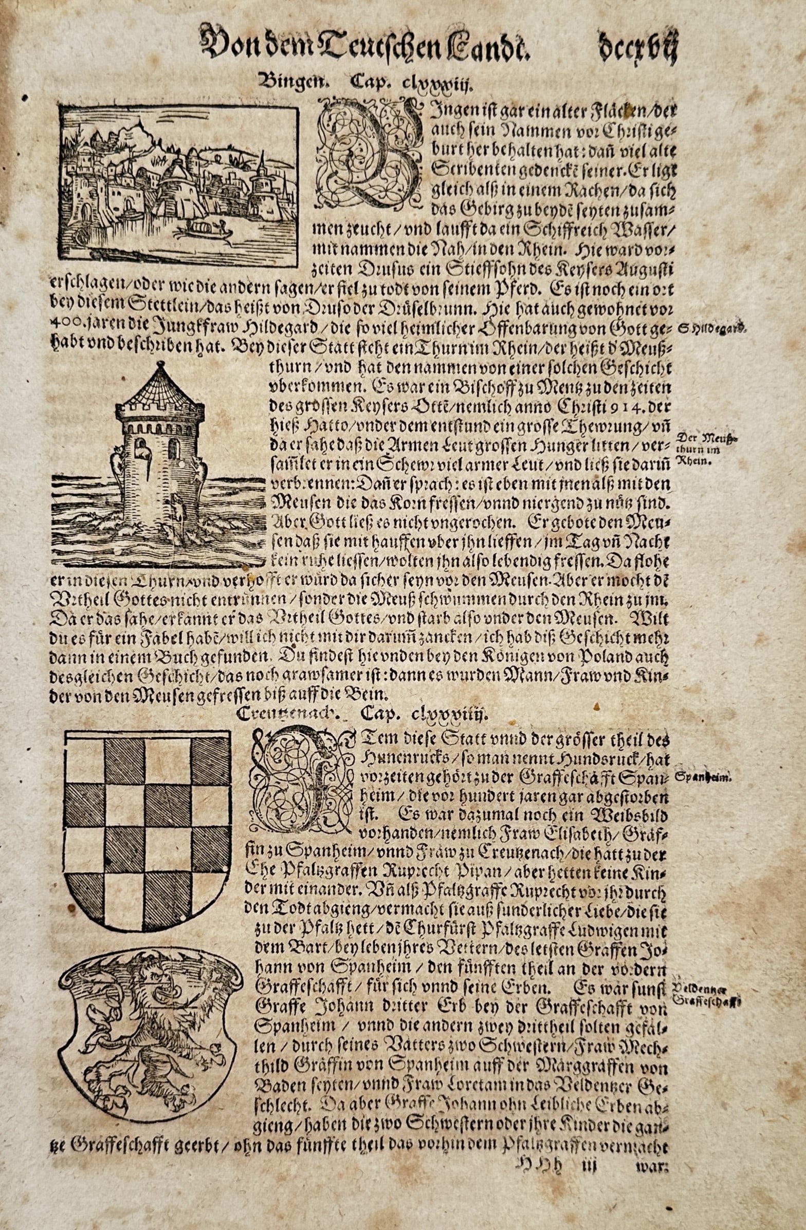 Sebastian Münster (1488–1552) – Topography of Bingen and Creutzenach – Woodcut (1544–1570): "Bingen. Cap. clxxxviii. Creutzenach. Cap. clxxxviiii." illustrates the historical topography of the German towns Bingen and Bad Kreuznach, featuring a view of the Bingen waterfront and the famous Mou