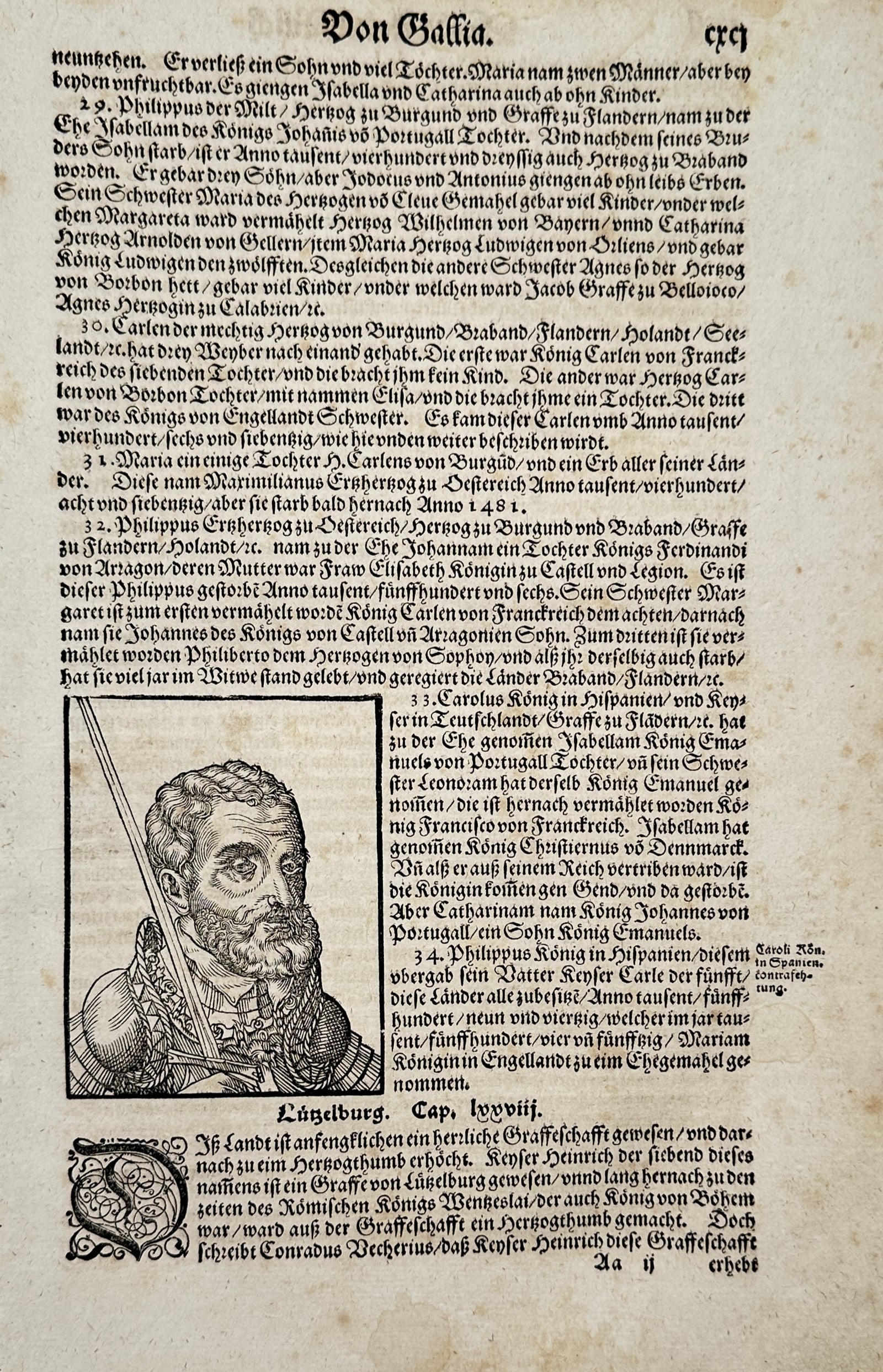 Sebastian Münster (1488–1552) – Portrait of Charles V and History of Burgundy – Woodcut: "Von Gallia. Lützelburg. Cap. lxxxviij." features a woodcut portrait of Holy Roman Emperor Charles V in armor, alongside a detailed historical and genealogical account of the Dukes of Burgundy and th