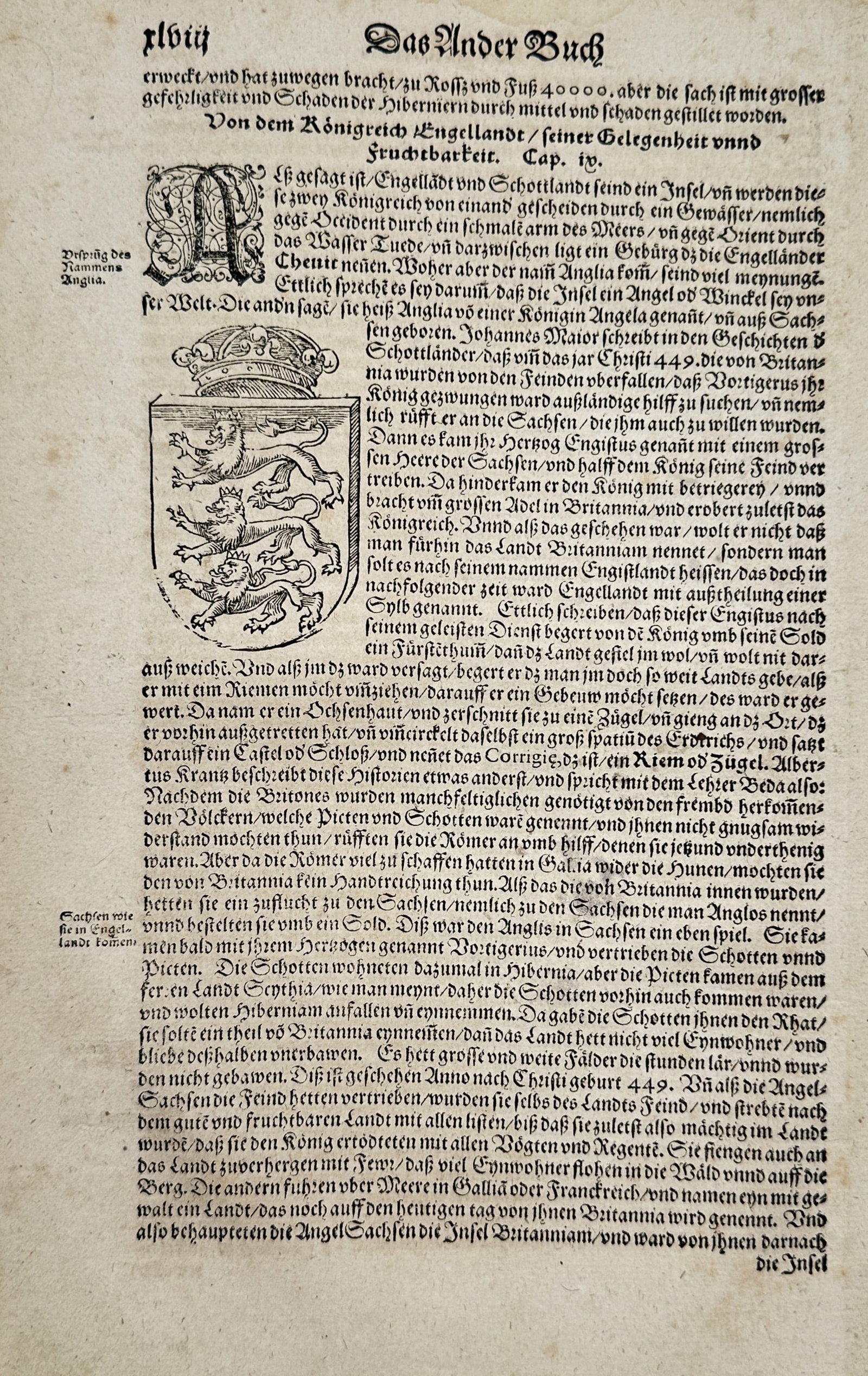 Sebastian Münster (1488–1552) – History and Coat of Arms of England – Woodcut (1544–1570): "Von dem Königreicht Engellandt / seiner Gelegenheit unnd Fruchtbarkeit. Cap. iv." contains a historical description of the Kingdom of England, discussing its geography, fertile lands, and the origin