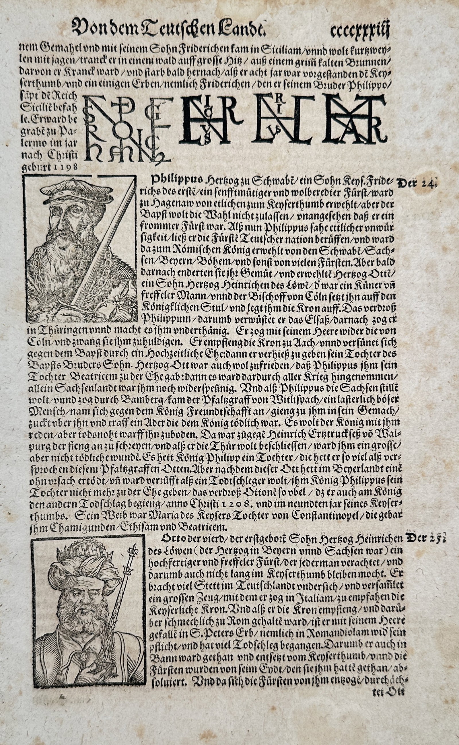 Sebastian Münster (1488–1552) – Portraits of Philip of Swabia and Otto IV – Woodcut: "Philippus Hertzog zu Schwabe. Otto der vierdt." features two woodcut portraits of historical German rulers: Philip of Swabia (r. 1198–1208) and his rival and successor, Holy Roman Emperor Otto IV (