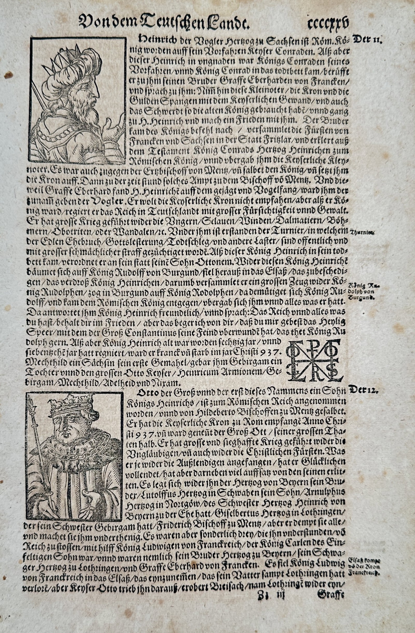 Sebastian Münster (1488–1552) – Portraits of Henry the Fowler and Otto the Great – Woodcut: "Heinrich der Vogler. Otto der Groß. Cap. xi. Der 12." contains historical portraits and descriptions of King Henry I and Emperor Otto I, published in the Cosmographia by Heinrich Petri in Basel. Thi