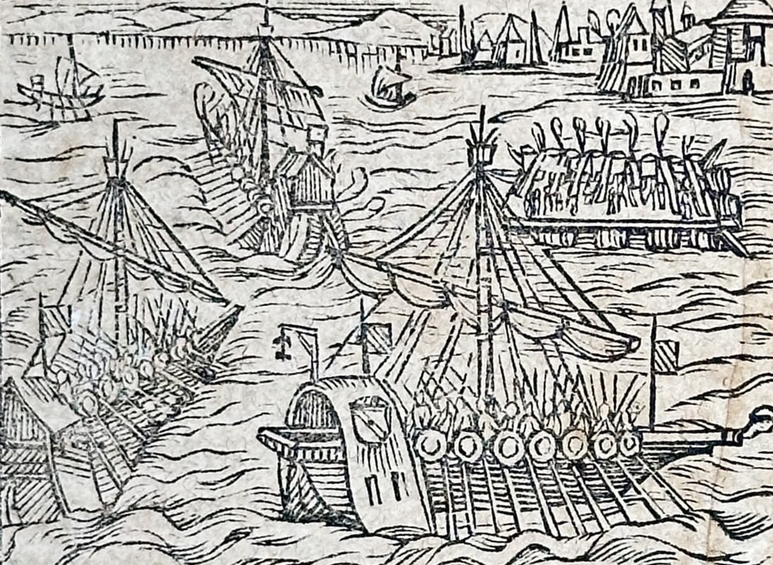 Sebastian Münster (1488–1552) – Naval Battle near Lipari – Woodcut (1544–1570): "Von Italia. ccclxxxvj" illustrates a dramatic naval encounter involving sailing vessels near the Aeolian Islands, specifically mentioning Lipari and the pirate Hayreddin Barbarossa. This woodcut was 