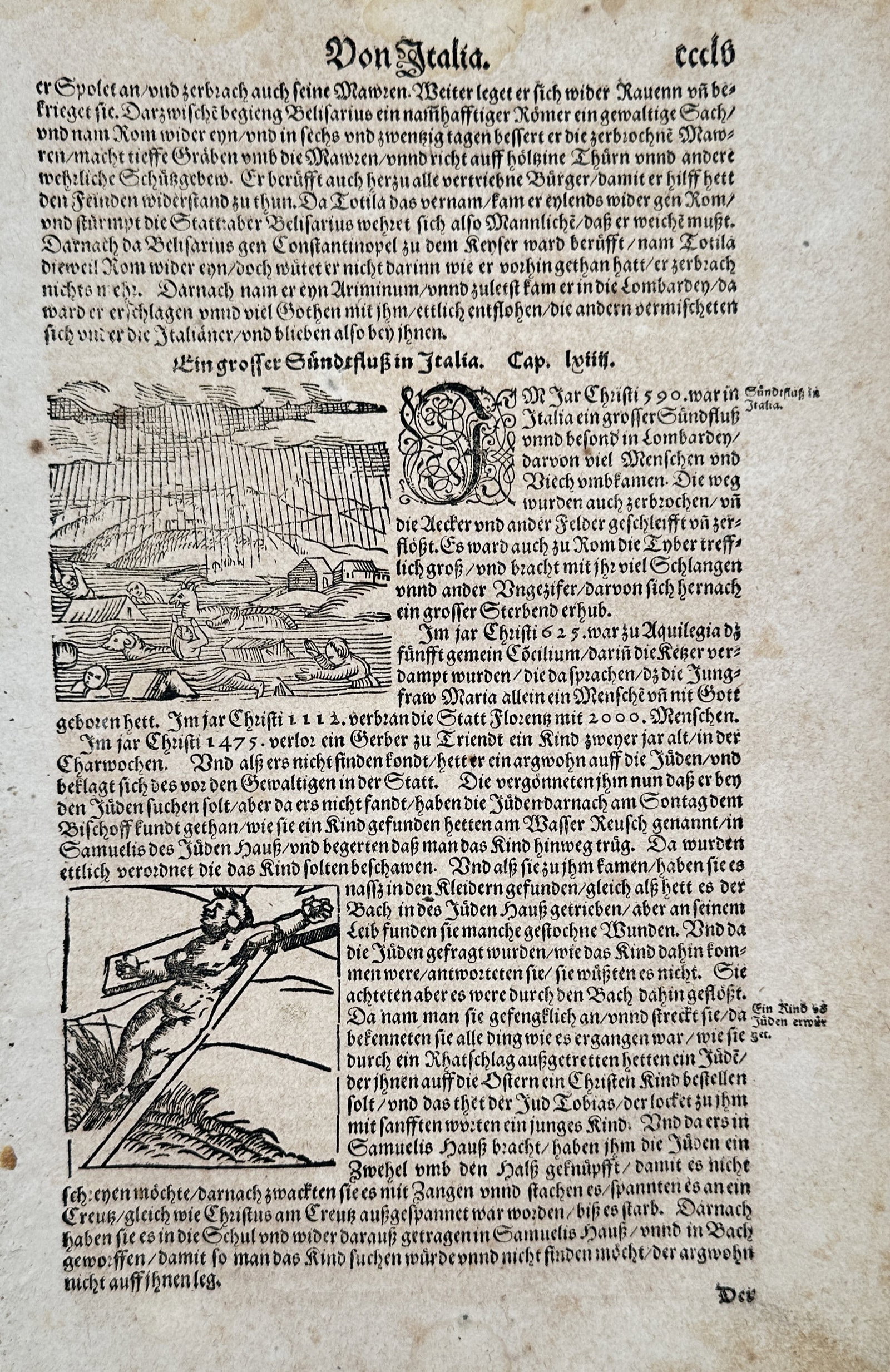 Sebastian Münster (1488–1552) – The Great Flood in Italy and Simon of Trent – Woodcut (1 of 2)