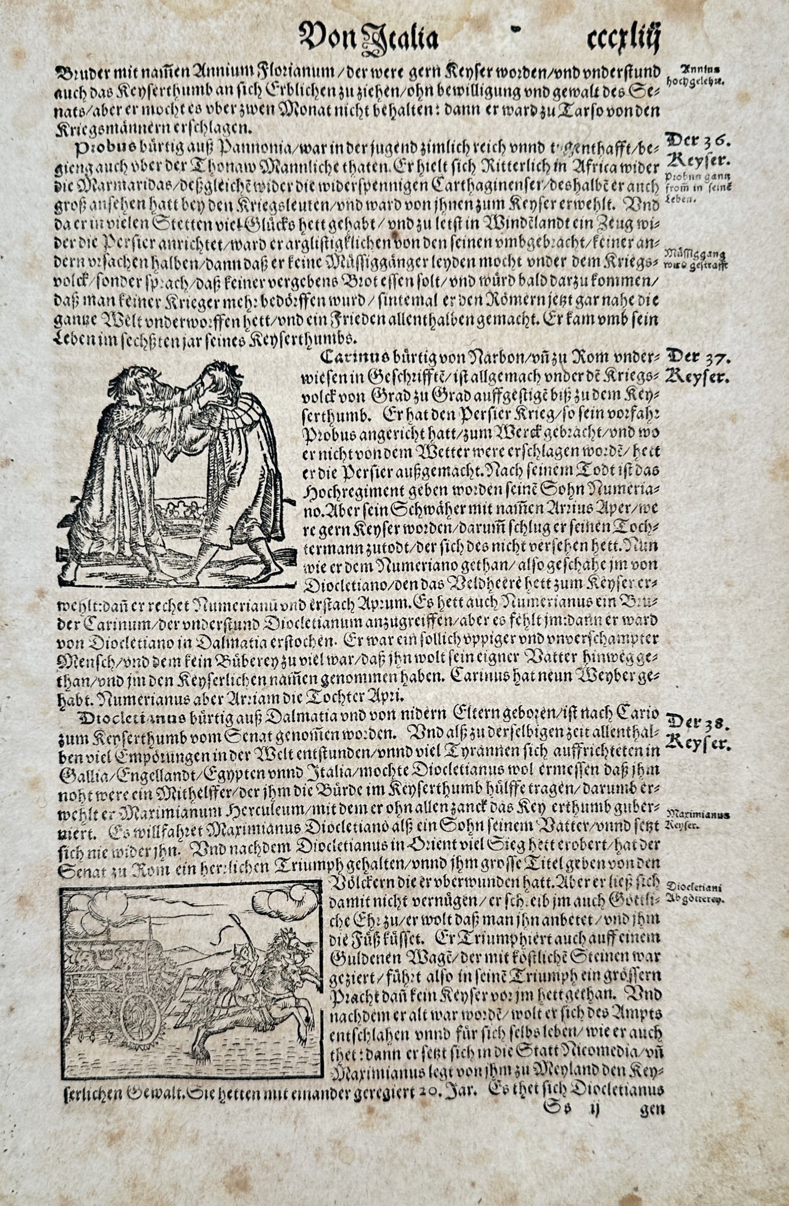 Sebastian Münster (1488–1552) – Reigns of Carinus and Diocletian – Woodcut (1544–1570) (1 of 2)