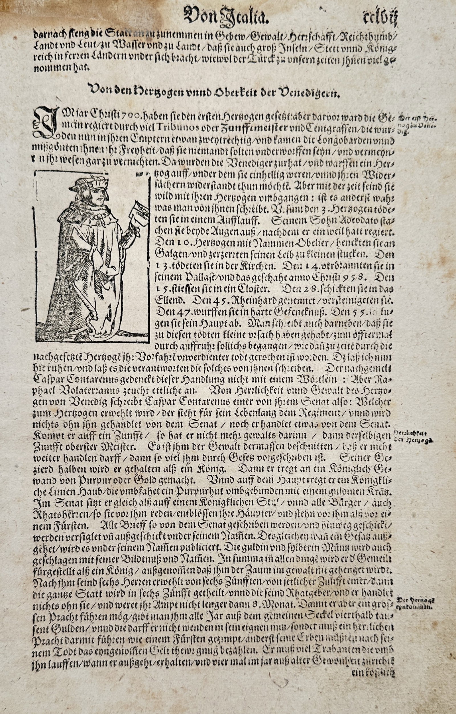 Sebastian Münster (1488–1552) – Portrait of a Doge of Venice – Woodcut (1544–1570): "Von den Hertzogen unnd Oberkeit der Venediger." features a woodcut portrait of a Venetian Doge standing in ceremonial robes, holding a book and wearing the traditional corno ducale. This woodcut was 