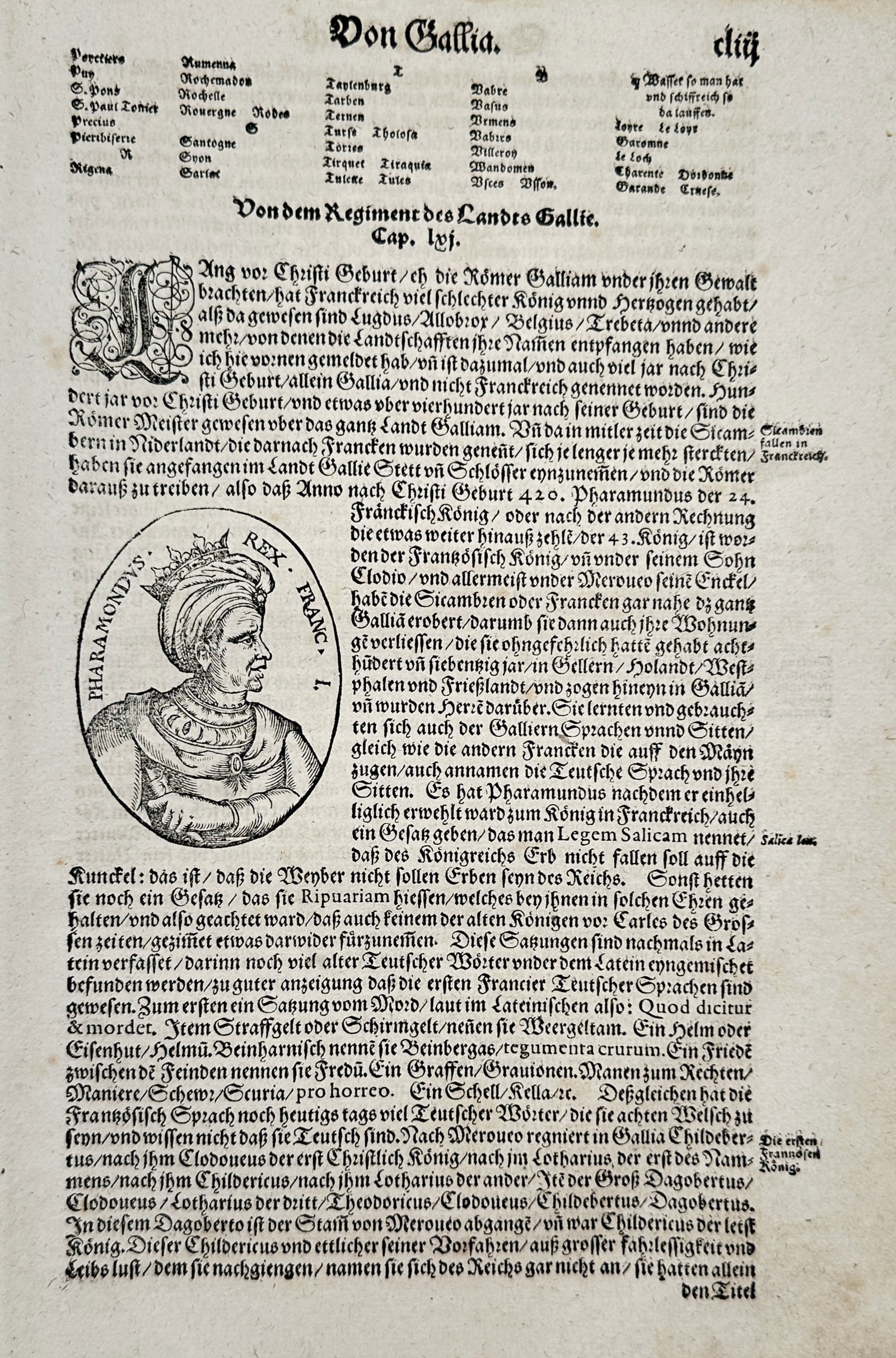 Sebastian Münster (1488–1552) – Portrait of King Pharamond – Woodcut (1544–1570): "Von dem Regiment des Landts Gallie. Cap. lvj." features a woodcut portrait of Pharamond, the legendary first King of the Franks, depicted in a circular medallion with a crown and regal attire. This w