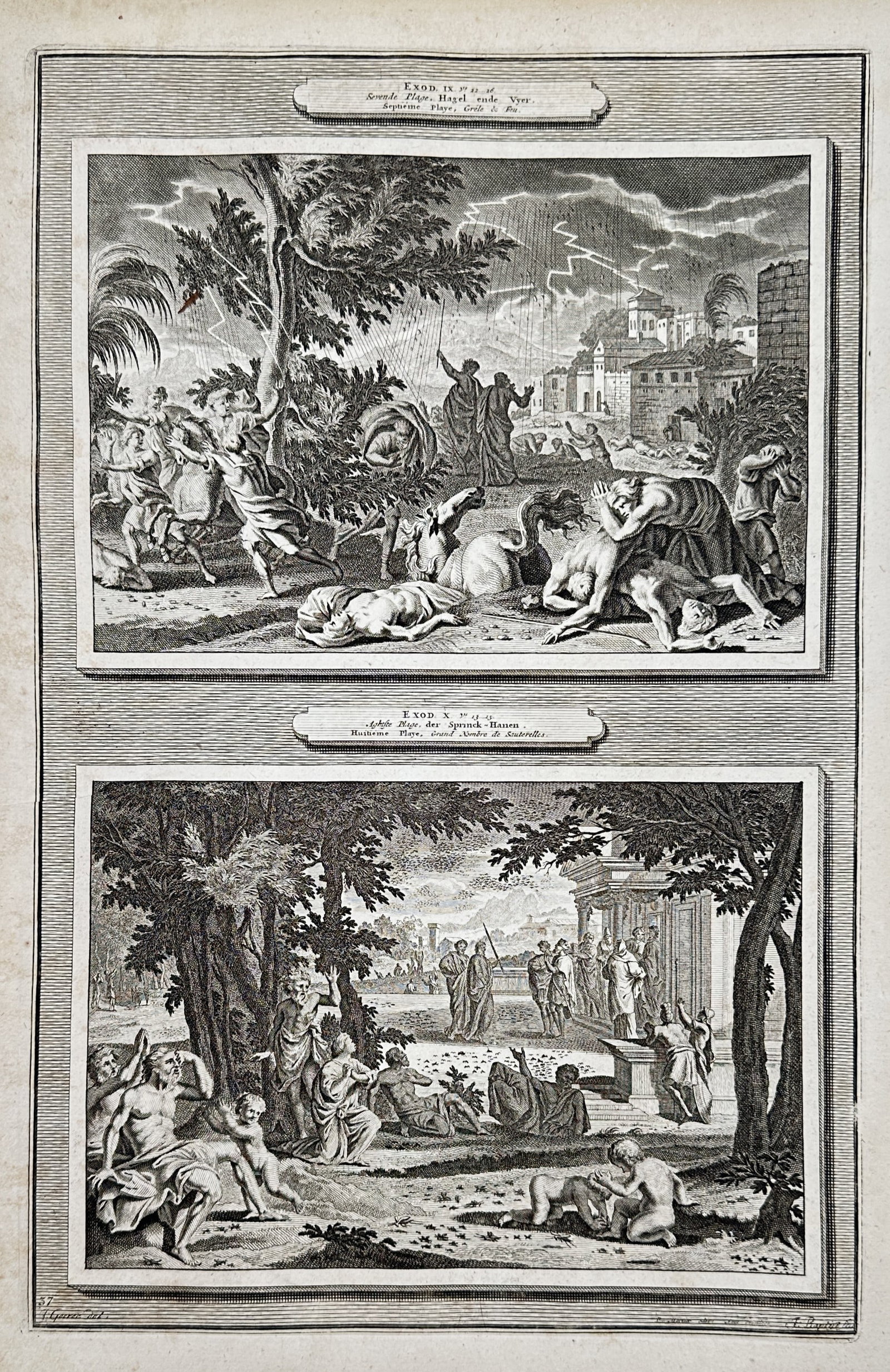 Pieter Mortier (1661–1711) – The Plague of Hail and The Plague of Locusts – Etching and: This large-format print features two dramatic scenes from the Book of Exodus, illustrating the divine plagues brought upon Egypt. The upper scene, "Zevende Plage, Hagel ende Vyer" (Exodus 9), depicts 