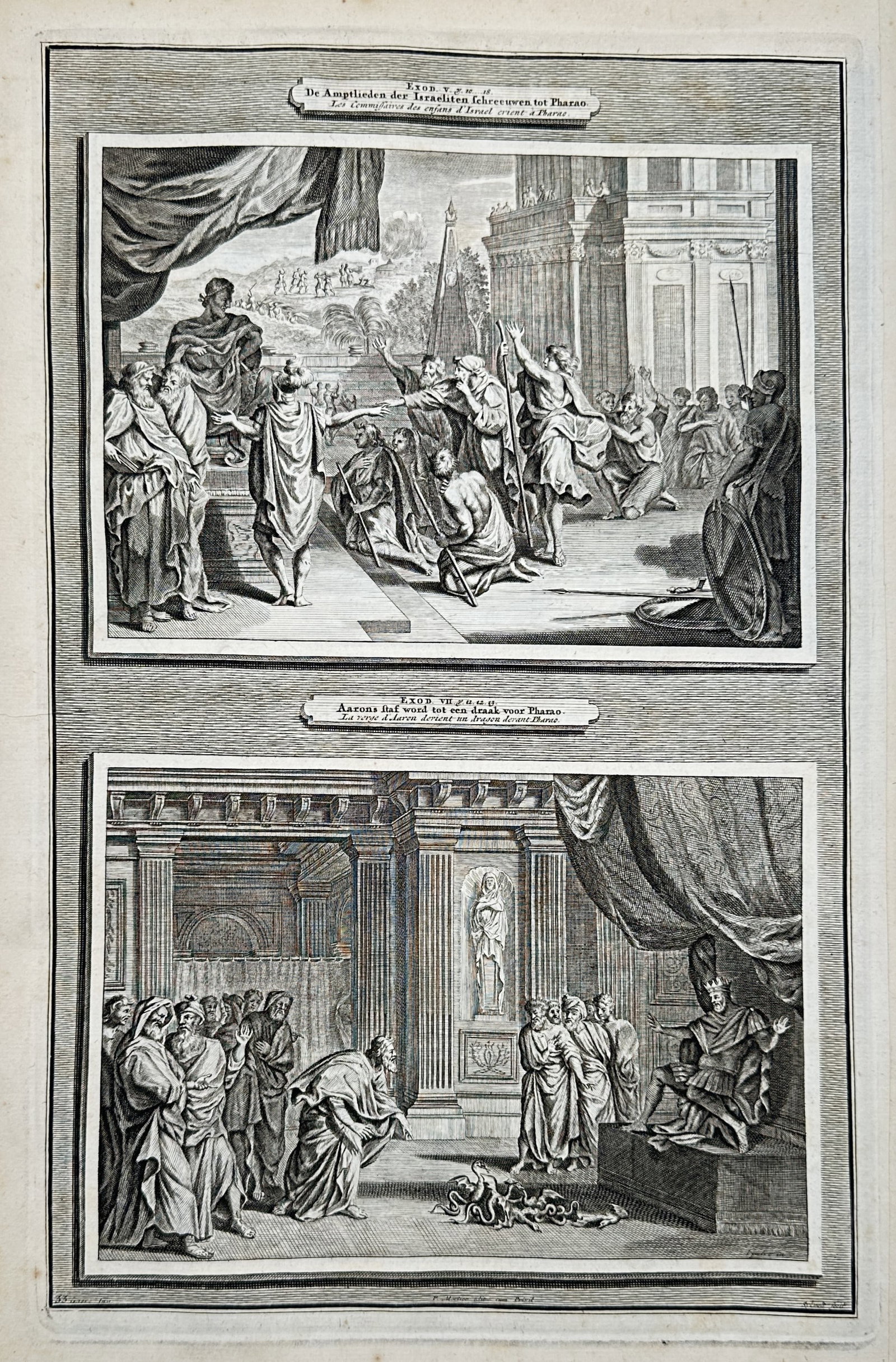Pieter Mortier (1661–1711) – The Complaints of the Israelites and Aaron’s Rod Becomes a: This large-format print features two pivotal scenes from the Book of Exodus, illustrating the escalating tension between the Israelites, their leaders, and the Egyptian Pharaoh. The upper scene, "De K