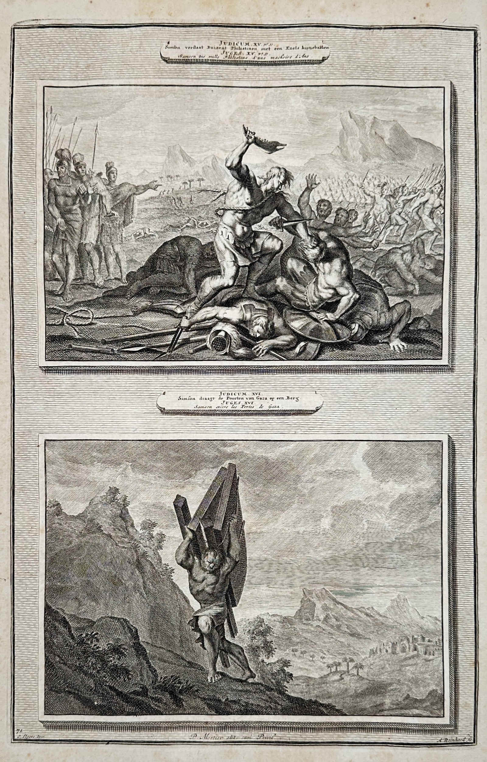 Pieter Mortier (1661–1711) – Samson Defeating the Philistines and Samson Carrying the Gates of (1 of 2)