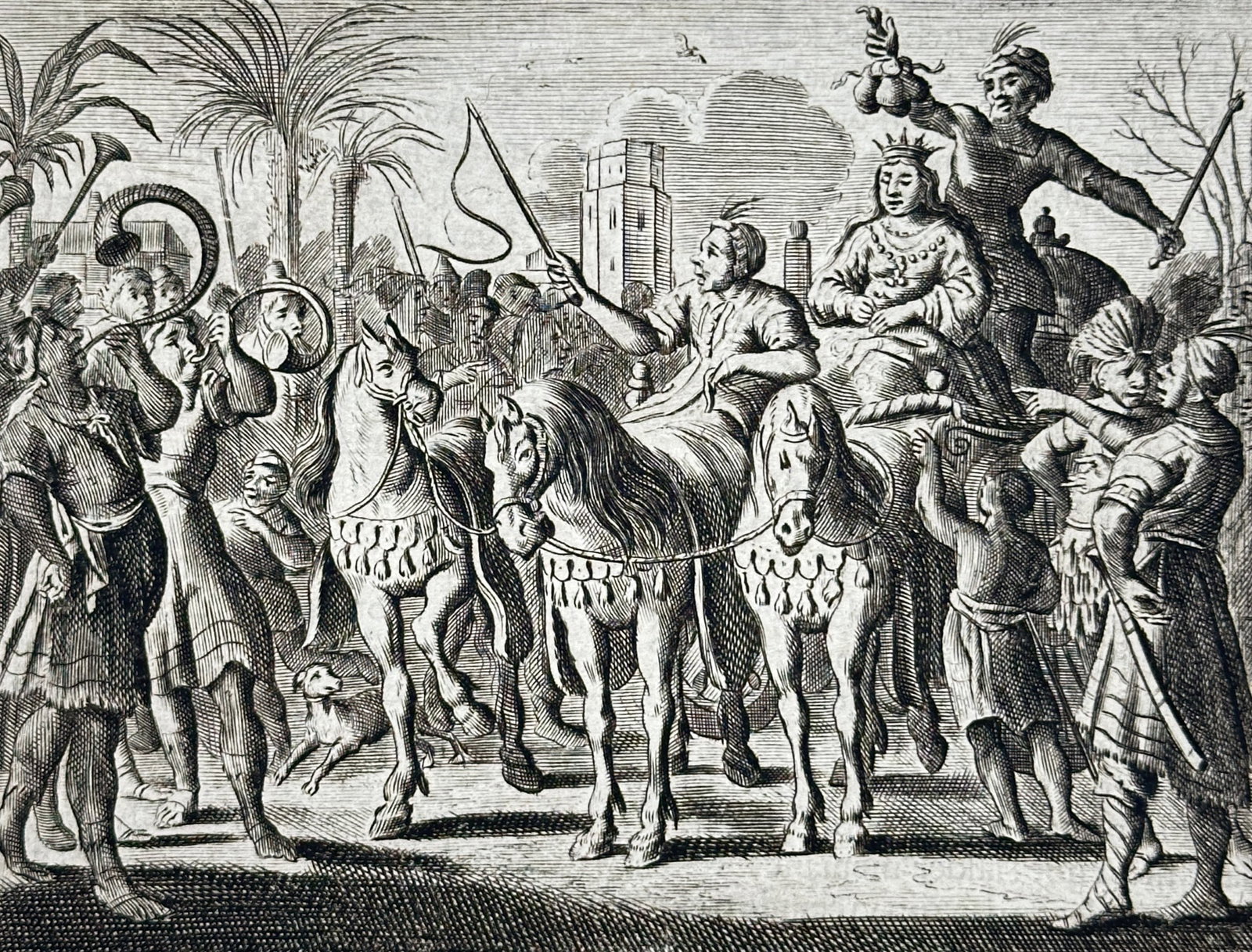 Jan Luyken (1649-1712) – The Maidens Market – Etching (1726): "Vryster-Mart." This etching depicts a bustling scene from the moralistic literature of Jacob Cats, showing a group of people gathered around a horse-drawn carriage in an open landscape, illustrating 