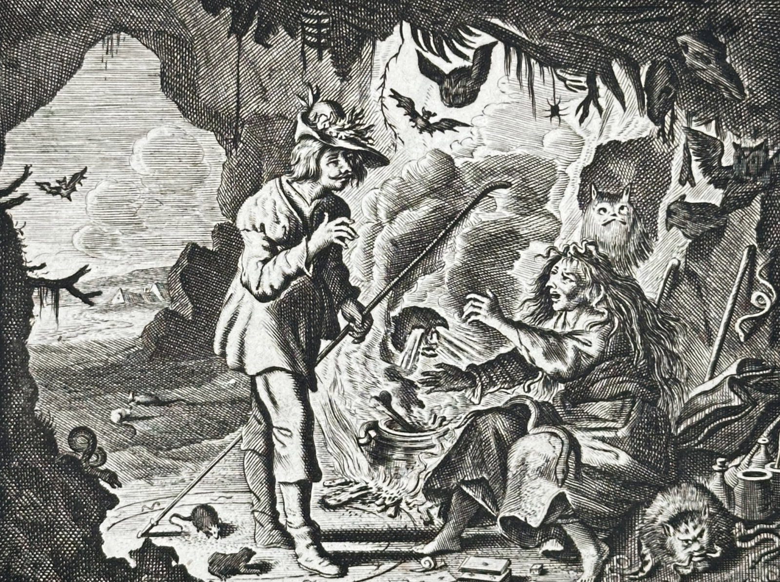 Jan Luyken (1649-1712) – The Sorceress – Etching (1726): "Spoock-Liefde." This etching depicts a dark and supernatural scene from the writings of Jacob Cats, showing a man visiting a sorceress or witch in a cavernous setting filled with occult symbols, owls