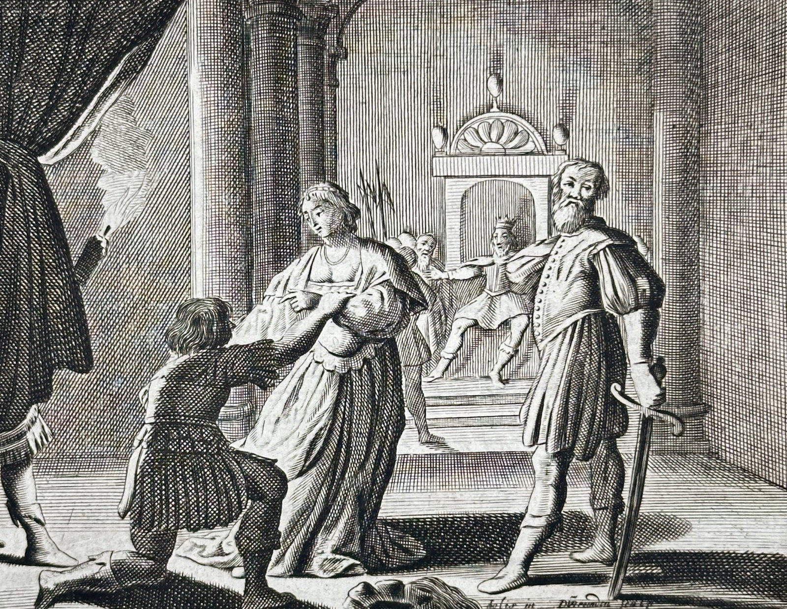 Jan Luyken (1649-1712) – The Mandrake Maiden – Etching (1726): "Mandragende Maeght." This etching illustrates a courtly scene from the moralistic writings of Jacob Cats, depicting a dramatic encounter between a knight and a lady within an interior palace setting,