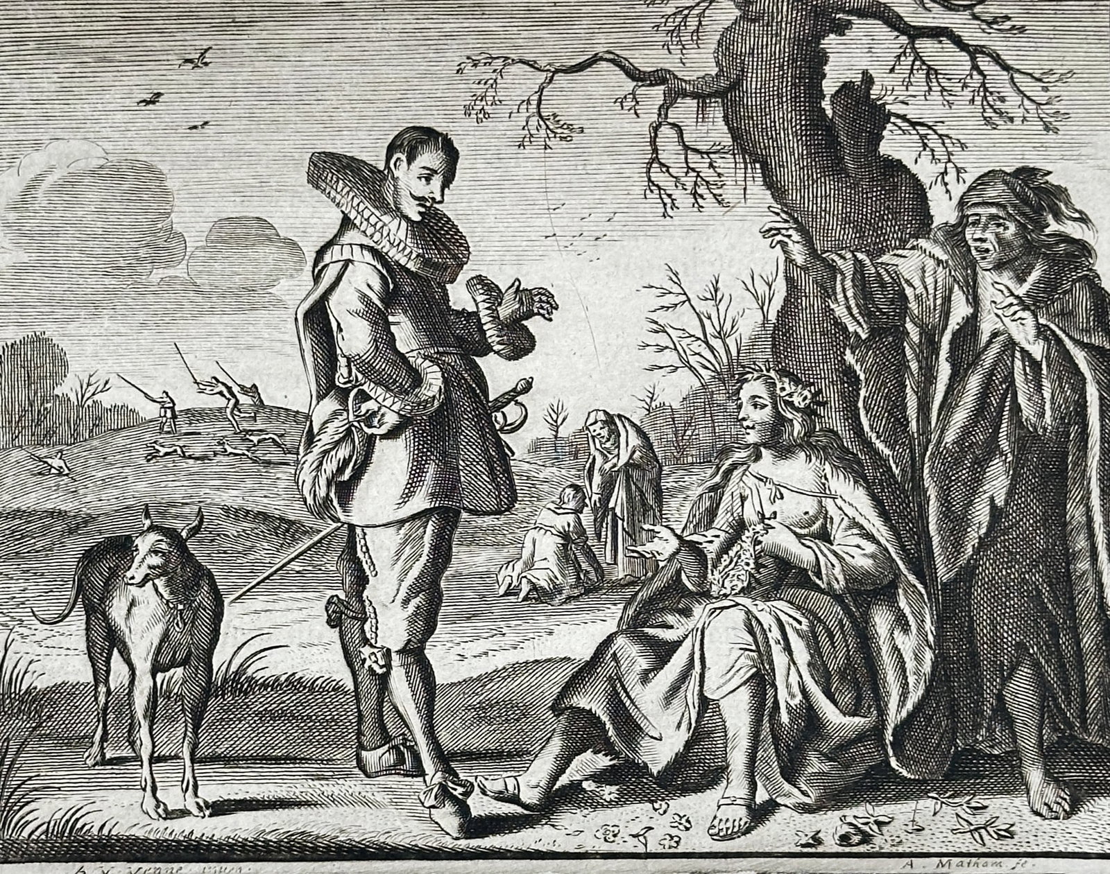 Jan Luyken (1649-1712) – The Spanish Gypsy – Etching (1726): "Het Spaens Heydinnetje." This etching illustrates a scene from the popular pastoral romance by Jacob Cats, depicting a nobleman in elaborate seventeenth-century attire interacting with a group of gyp