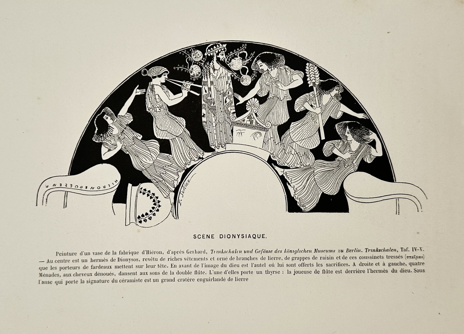 Victor Duruy (1811-1894) – Dionysian Scene – Wood engraving (1880): "Scene Dionysiaque." This wood engraving provides a precise rendering of a painting from a Greek vase produced by the potter Hieron. The illustration captures a central herm of Dionysus flanked by fou