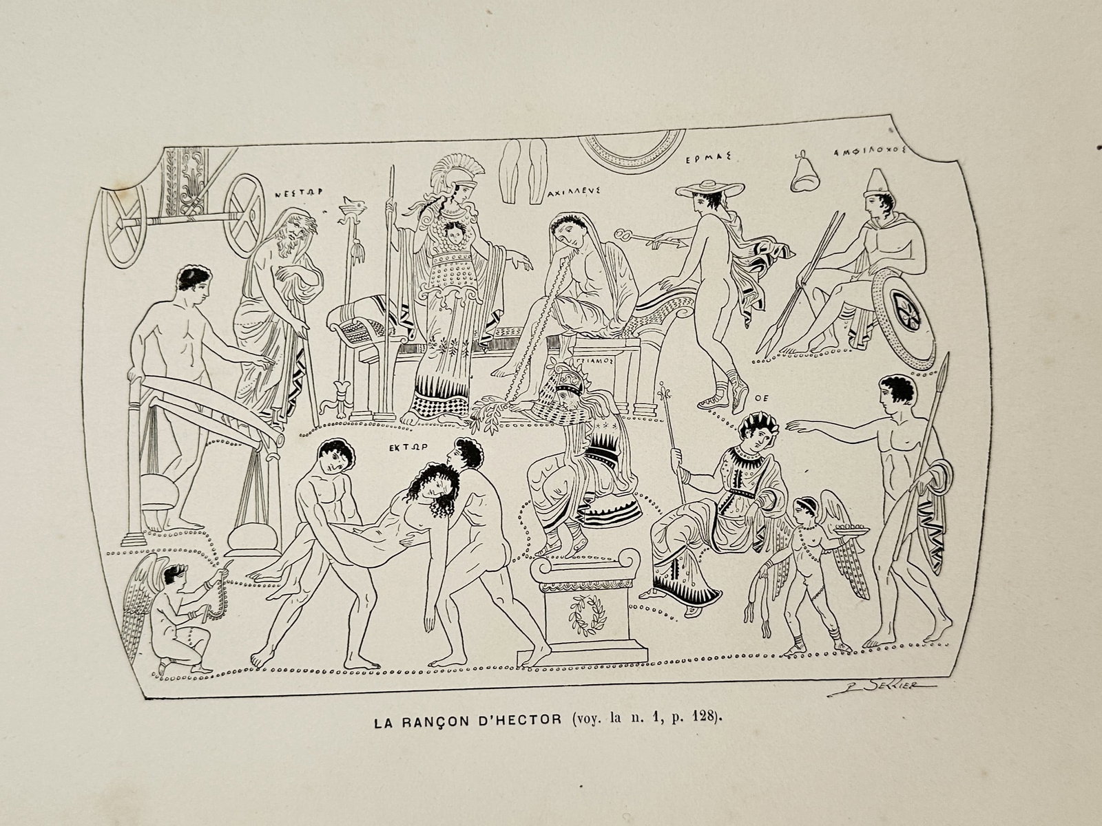 Victor Duruy (1811-1894) – The Ransom of Hector – Wood engraving (1880): "La Rançon d'Hector." This wood engraving depicts a scene from the Iliad where King Priam of Troy pleads with Achilles for the return of the body of his son, Hector. The composition follows the style