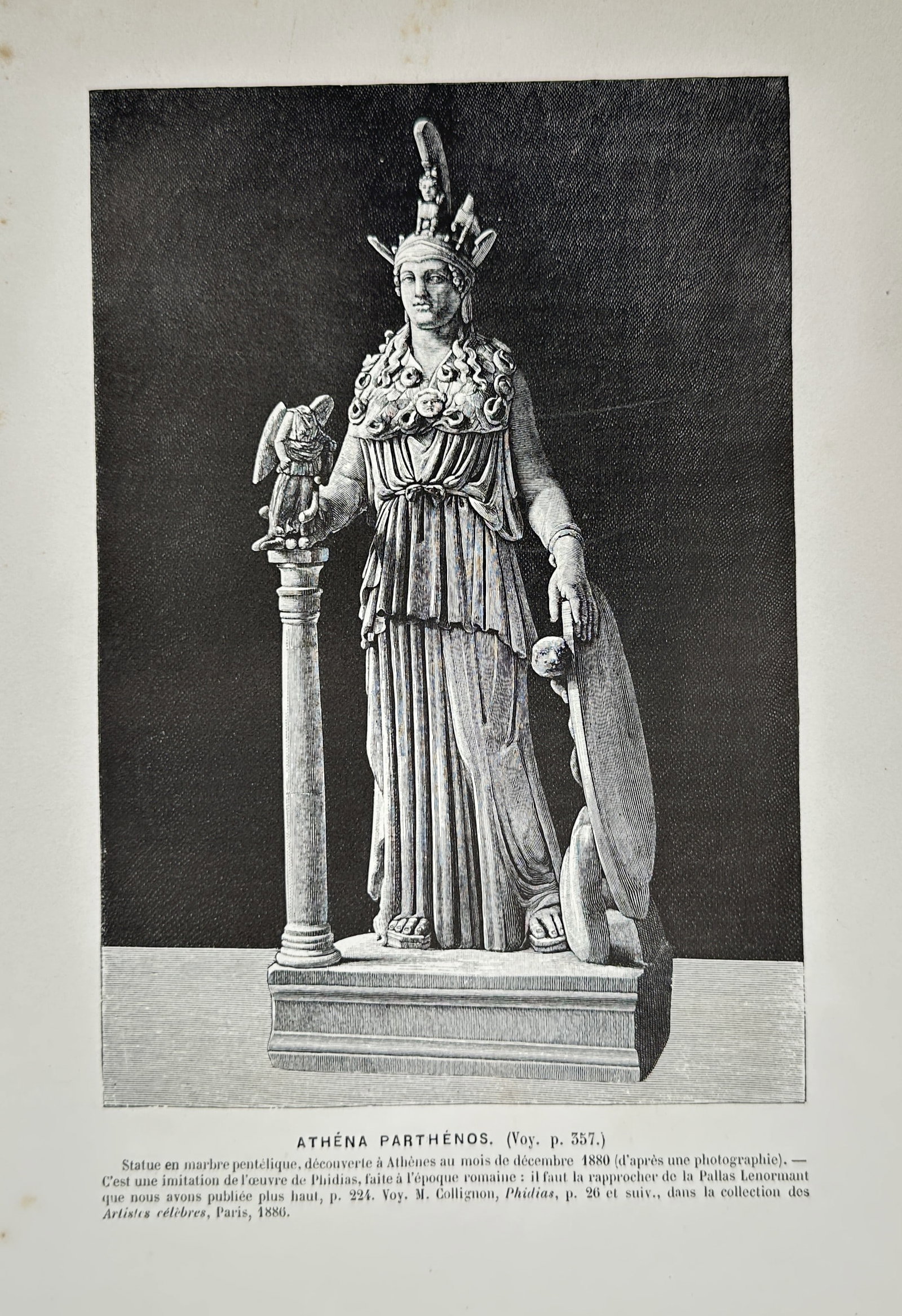 Victor Duruy (1811-1894) – Athena Parthenos – Wood engraving (1880): "Athéna Parthénos." This wood engraving depicts a Roman-era marble copy of the lost chryselephantine statue of Athena Parthenos originally created by Phidias for the Parthenon. The figure is shown w