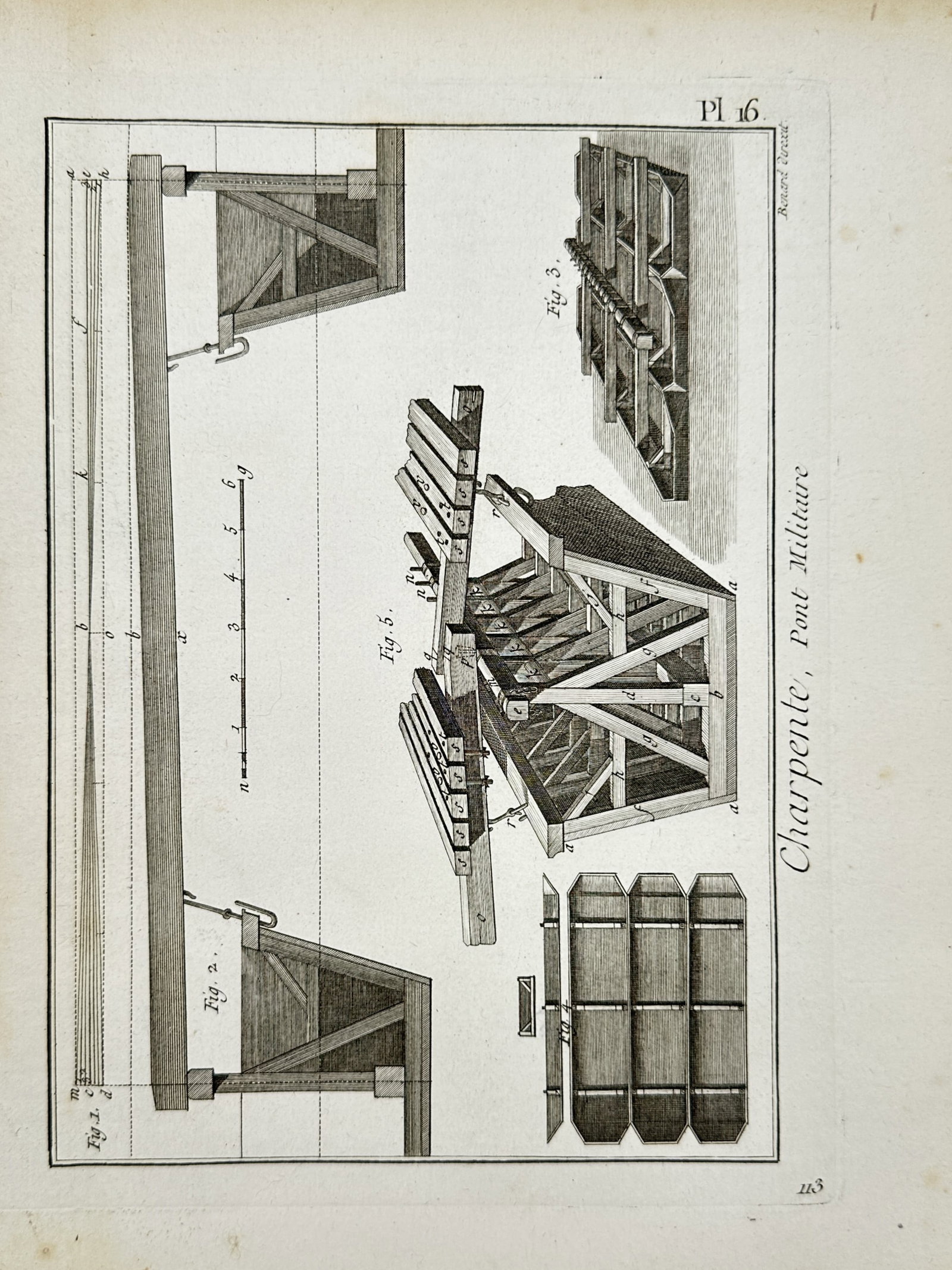 Robert Bénard (1734–1777) – View of Military Bridge Carpentry – Etching (1763): "Charpente, Pont Militaire" is an etching illustrating the technical construction and carpentry of a floating military bridge. The plate features five distinct figures, including a profile view of a w