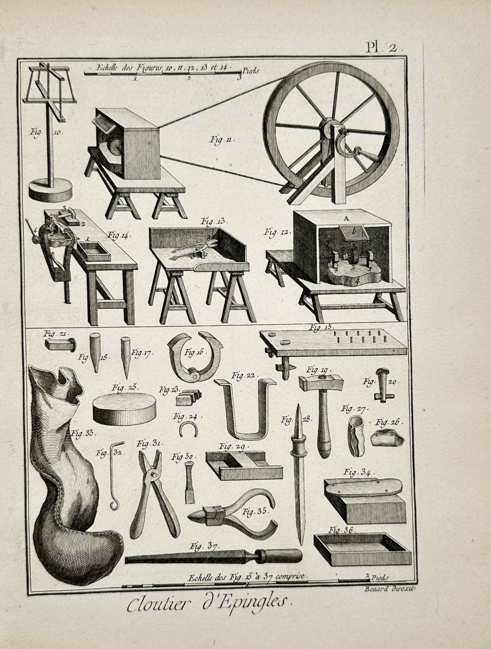 Robert Bénard (1734–1777) – View of Pin-Maker Tools and Machinery – Etching (1763): "Cloutier d'Epingles" is an etching depicting the various tools and specialized machinery used in the manufacture of pins. The upper portion of the plate shows complex mechanical devices including a l