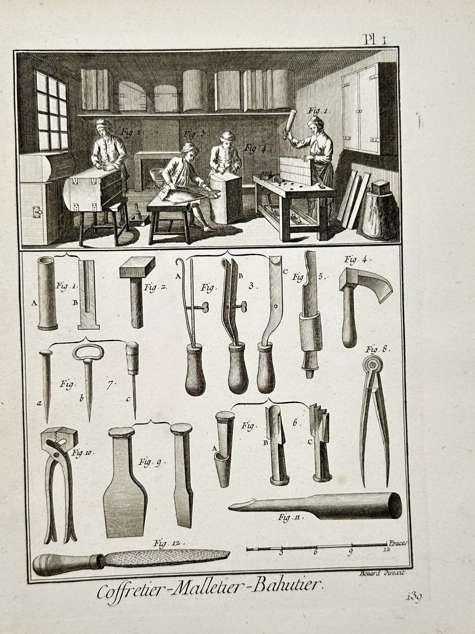 Robert Bénard (1734–1777) – View of Trunk and Box Maker Workshop – Etching (1763): "Coffretier-Malletier-Bahutier" is an etching depicting the workshop and tools of trunk, chest, and box makers. The upper scene illustrates an active atelier where four craftsmen are engaged in differ