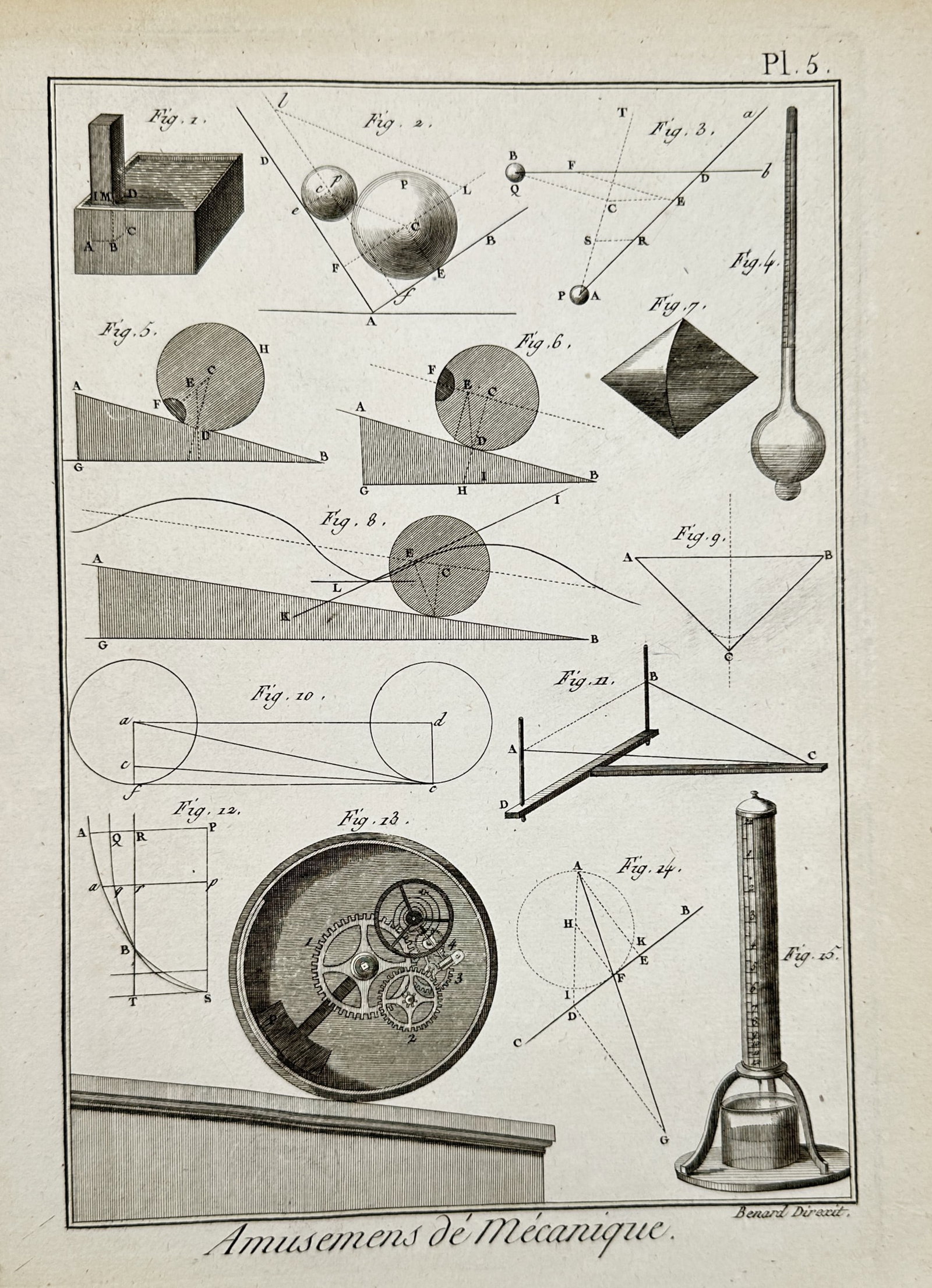 Robert Bénard (1734–1777) – View of Mechanical Amusements and Physical Principles – Engraving: "Amusemens de Mécanique" is an engraving depicting various principles of classical mechanics and experimental physics through a series of fifteen technical diagrams. The plate illustrates concepts su