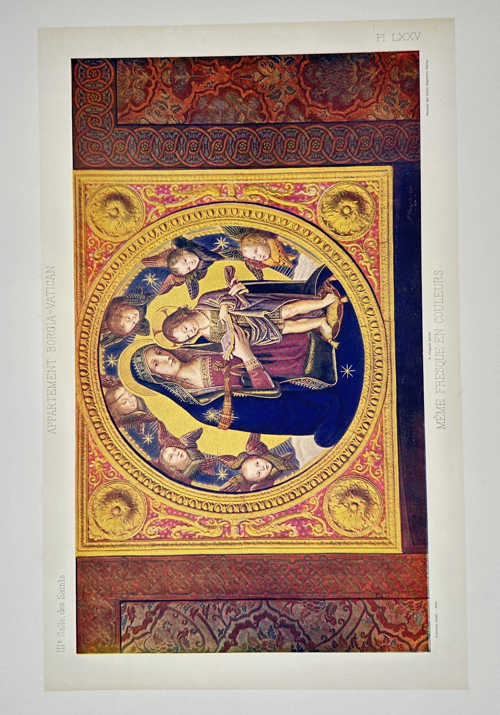 Pinturicchio,after – View of the Virgin and Child with Cherubim – Photogravure (20th Century): "Même fresque en couleurs" is a chromolithograph depicting a circular medallion of the Virgin and Child surrounded by six cherubim, based on the Renaissance frescoes in the Sala dei Santi of the Borg