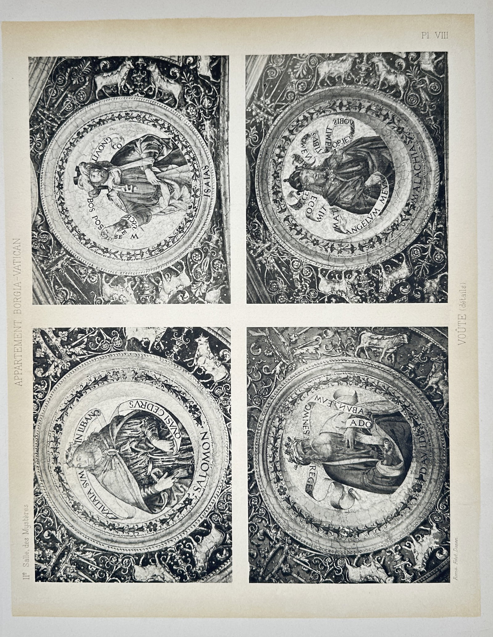 Pinturicchio, after – View of Prophets Solomon, Isaiah, David, and Malachi: Ceiling Details: "VOÛTE (détails)" is a large-format photogravure depicting four circular medallions from the ceiling of the Sala dei Misteri in the Borgia Apartments of the Vatican. Each medallion features a prophe