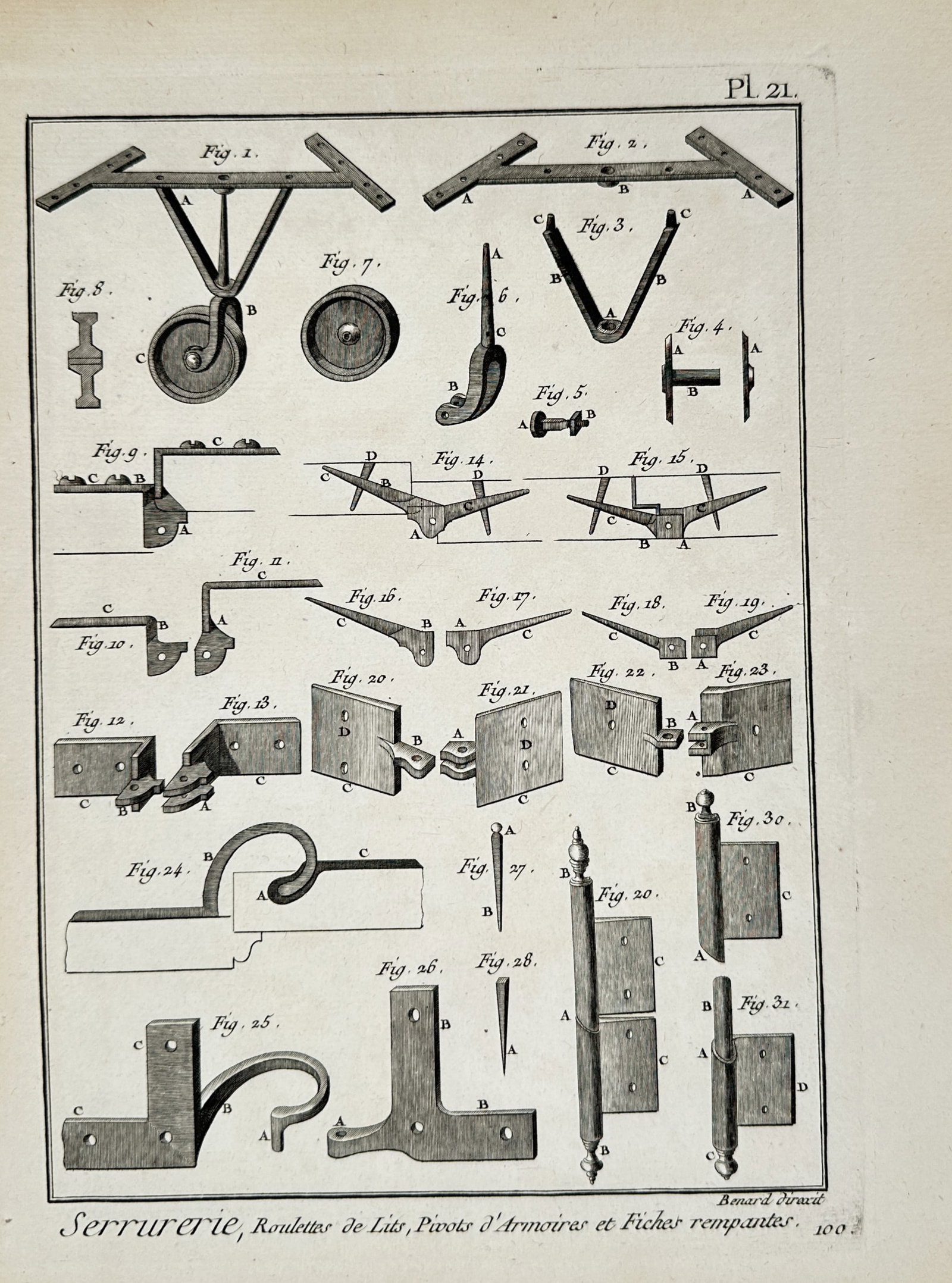 Robert Bénard (1734–1777) – View of Bed Casters, Cabinet Pivots, and Hinges – Engraving: "Serrurerie, Roulettes de Lits, Pivots d’Armoires et Fiches rempantes" is a technical engraving providing a comprehensive anatomical survey of various mechanical hardware used in eighteenth-century 